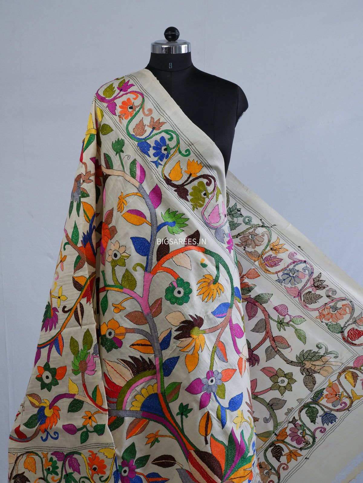 Kantha Hand-Embroidered Dupatta | Semi Tussar Silk | Full Work | Off-White