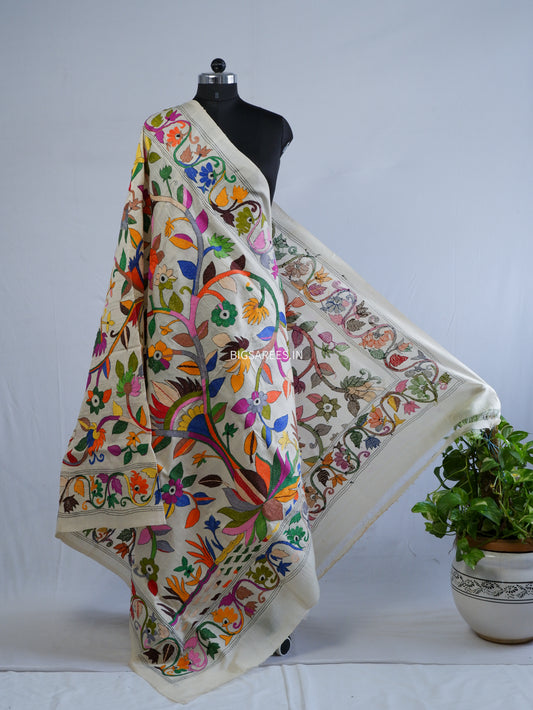 Kantha Hand-Embroidered Dupatta | Semi Tussar Silk | Full Work | Off-White