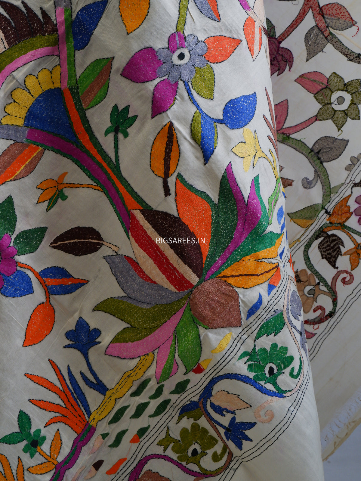 Kantha Hand-Embroidered Dupatta | Semi Tussar Silk | Full Work | Off-White