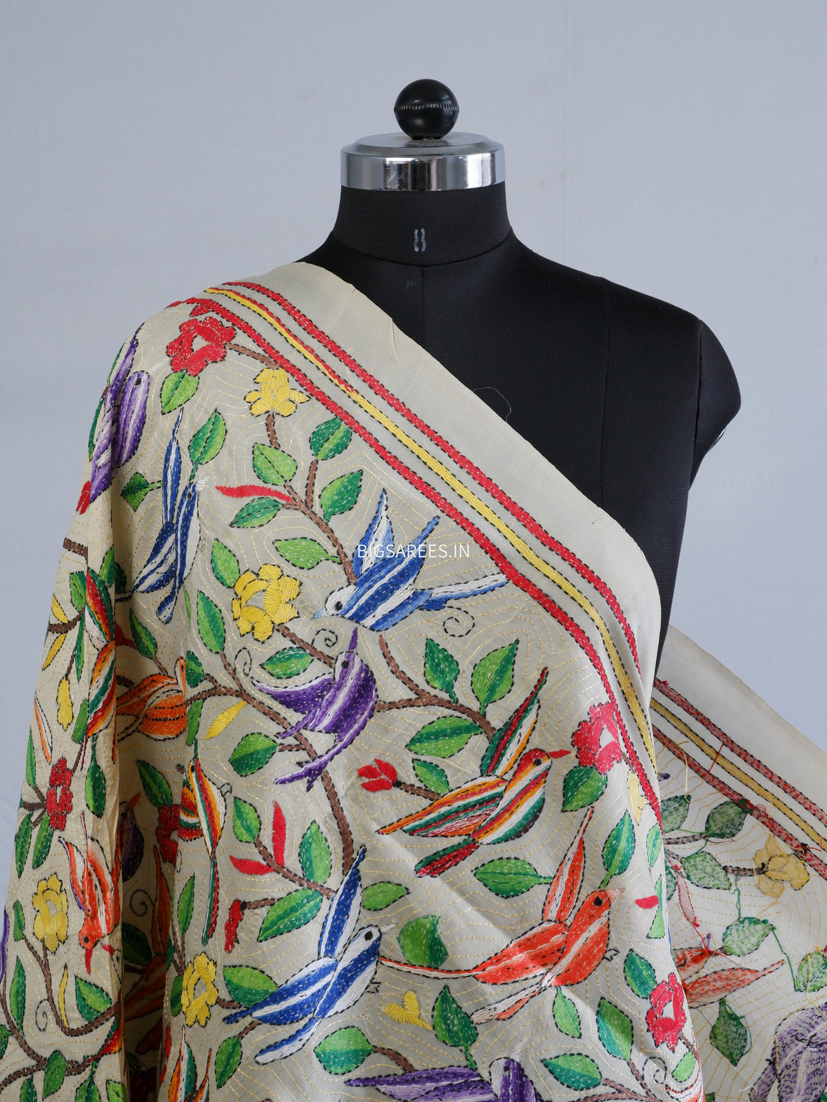 Kantha Hand-Embroidered Dupatta | Semi Tussar Silk | Full Work | Off-White