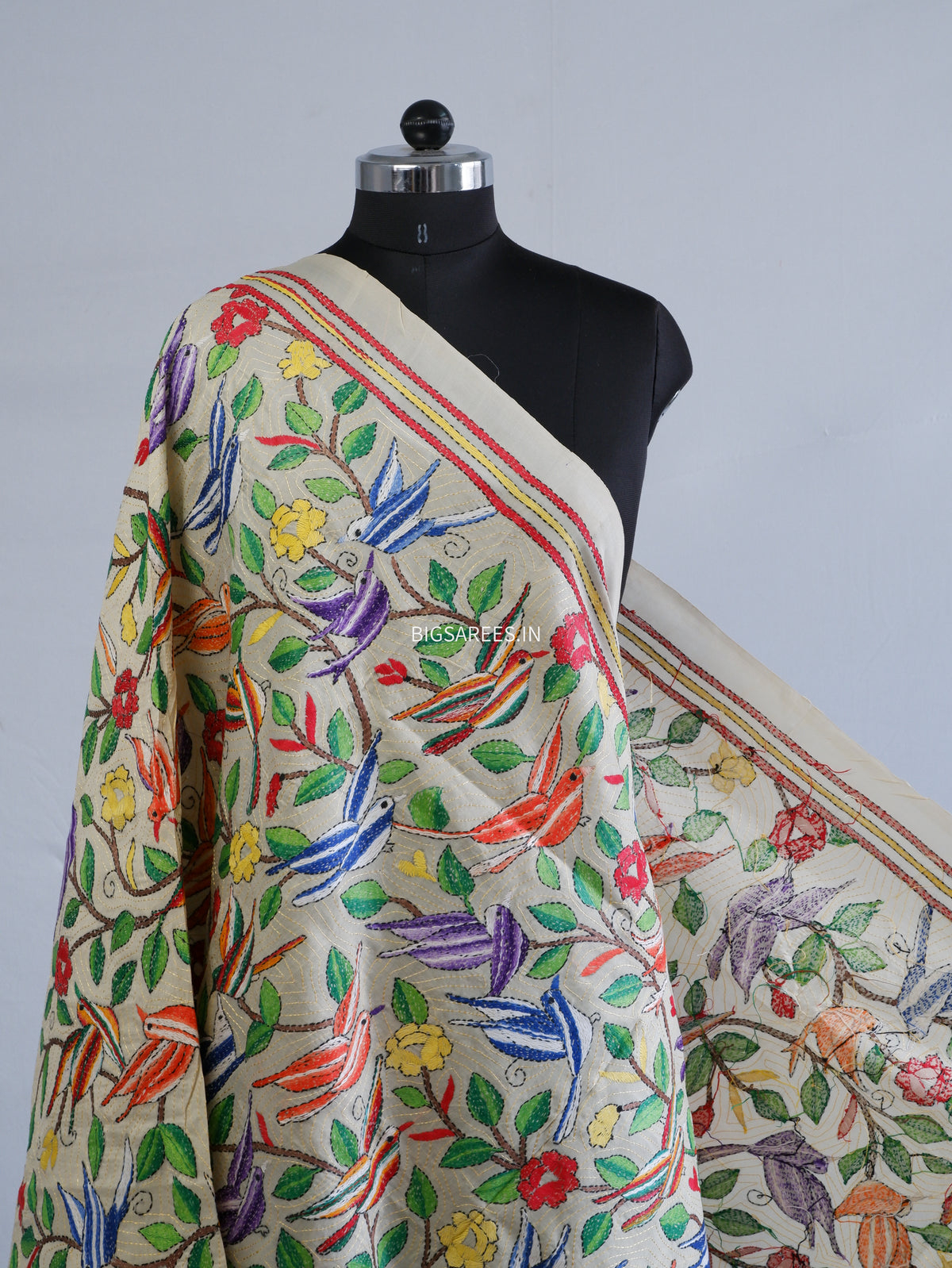 Kantha Hand-Embroidered Dupatta | Semi Tussar Silk | Full Work | Off-White