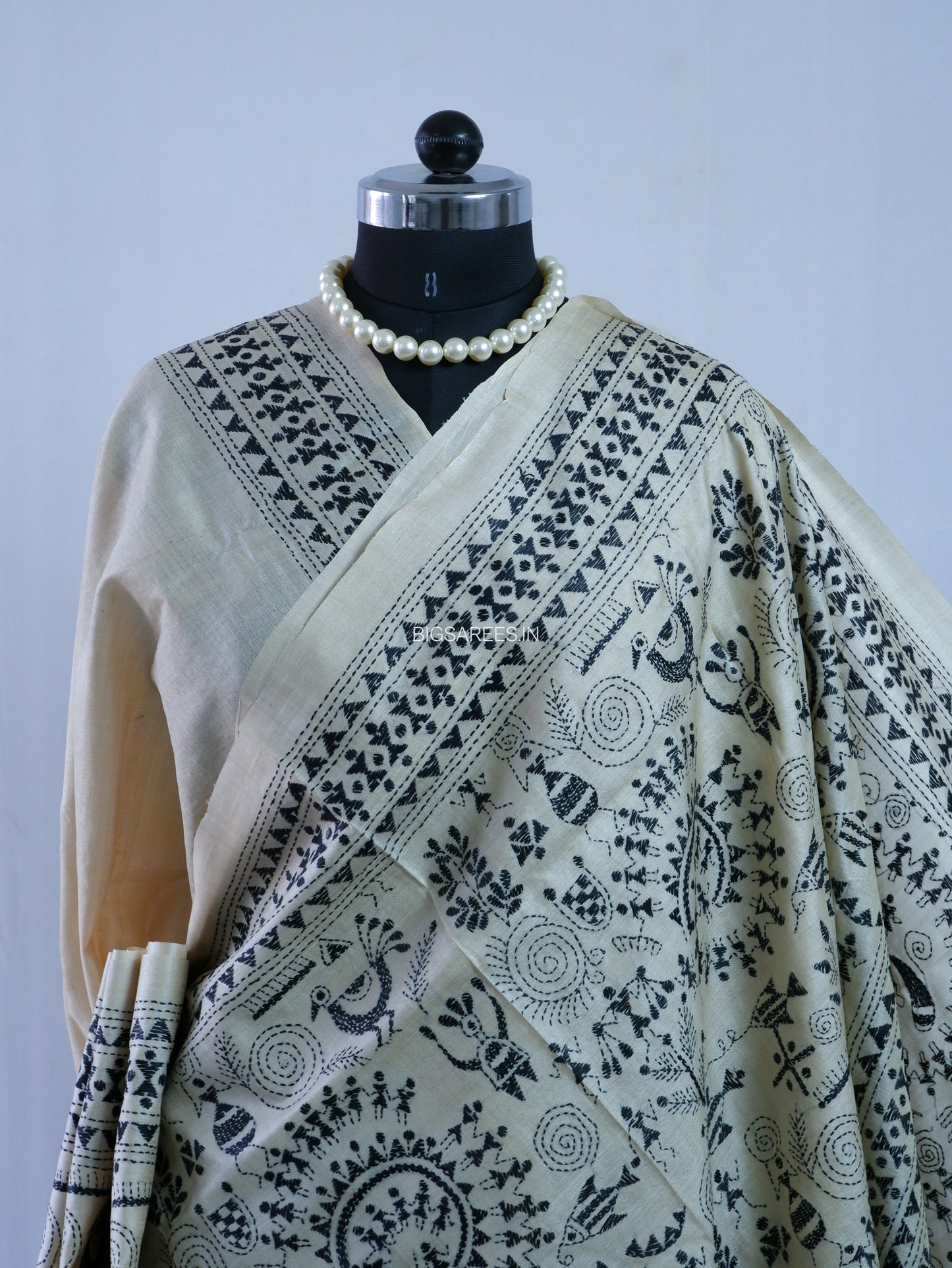 Kantha Stitch Hand Embroidered Saree | Pure Tussar Silk | Silk Mark Certified | Beige
