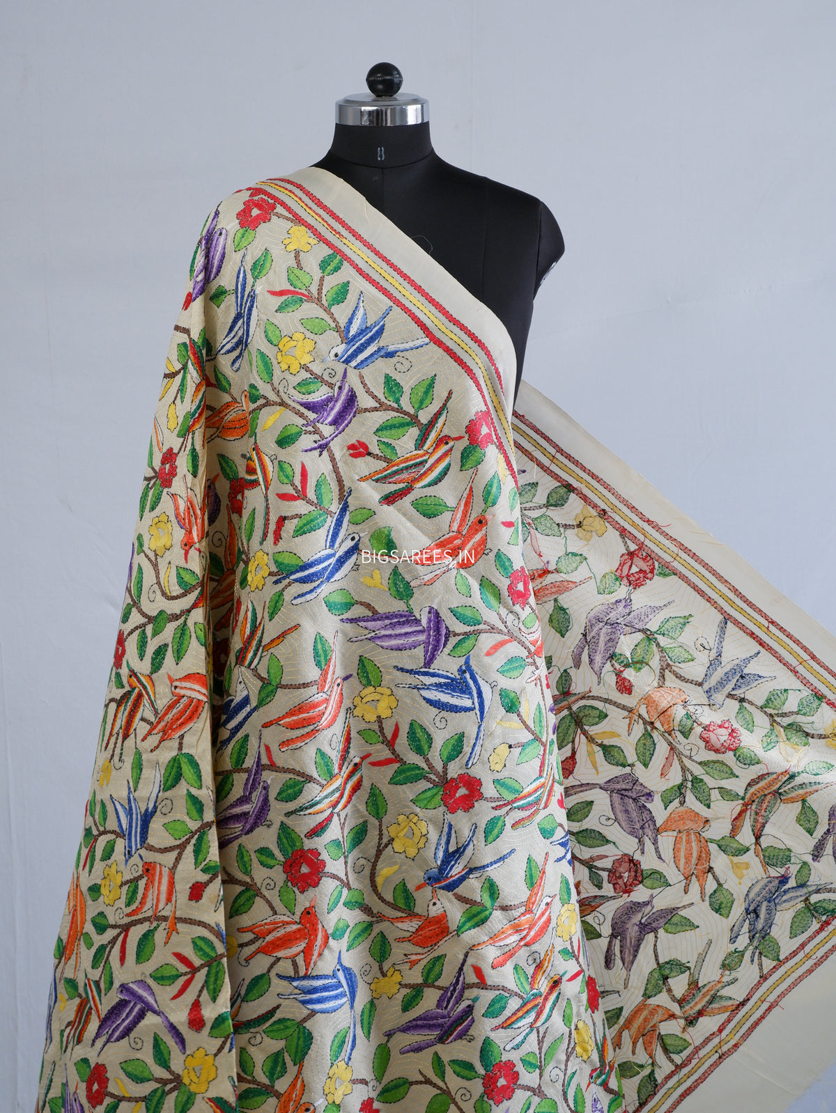 Kantha Hand-Embroidered Dupatta | Semi Tussar Silk | Full Work | Off-White