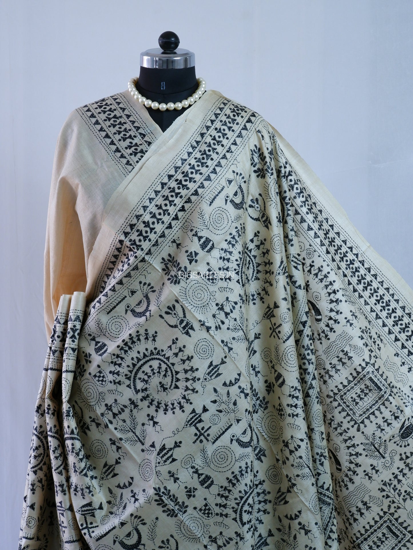 Kantha Stitch Hand Embroidered Saree | Pure Tussar Silk | Silk Mark Certified | Beige