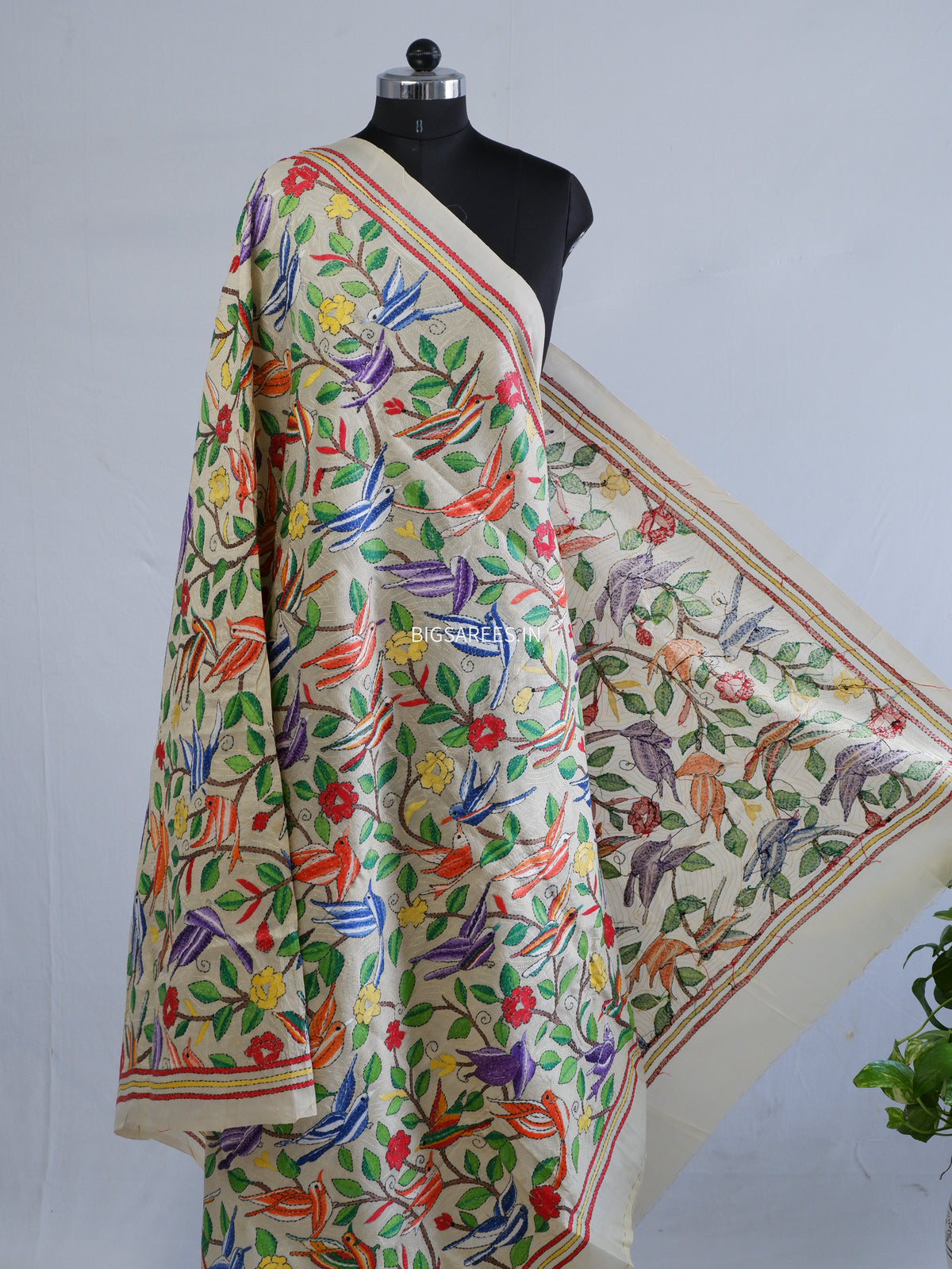 Kantha Hand-Embroidered Dupatta | Semi Tussar Silk | Full Work | Off-White