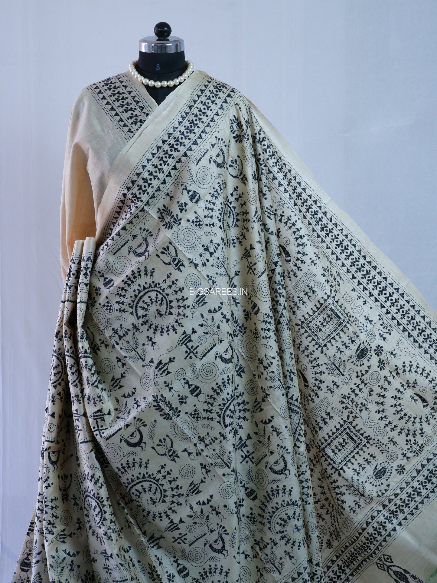 Kantha Stitch Hand Embroidered Saree | Pure Tussar Silk | Silk Mark Certified | Beige