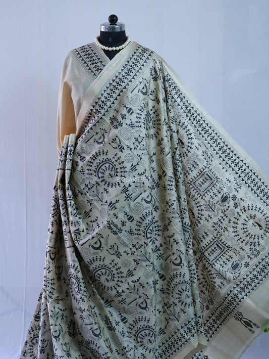 Kantha Stitch Hand Embroidered Saree | Pure Tussar Silk | Silk Mark Certified | Beige