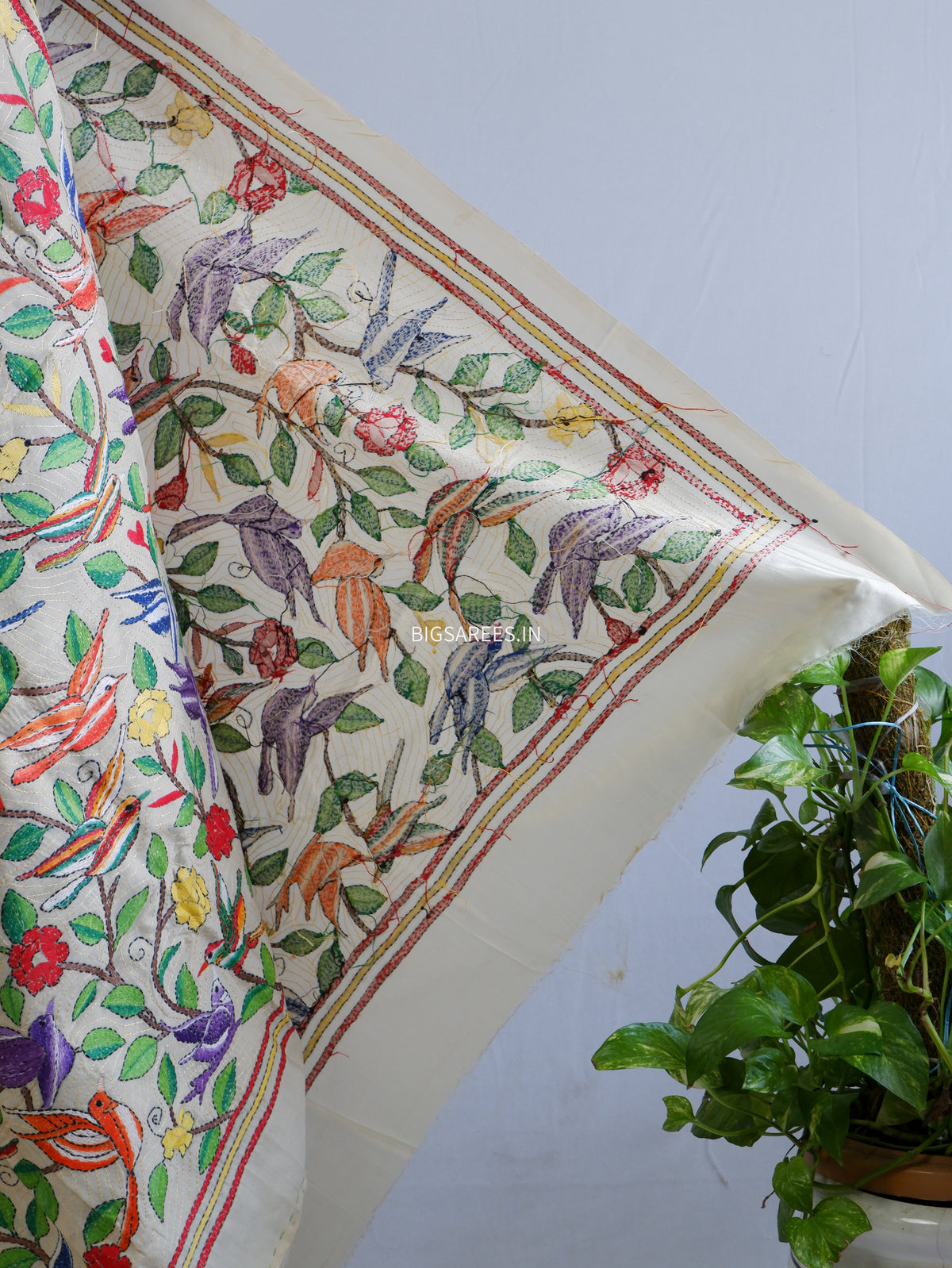 Kantha Hand-Embroidered Dupatta | Semi Tussar Silk | Full Work | Off-White