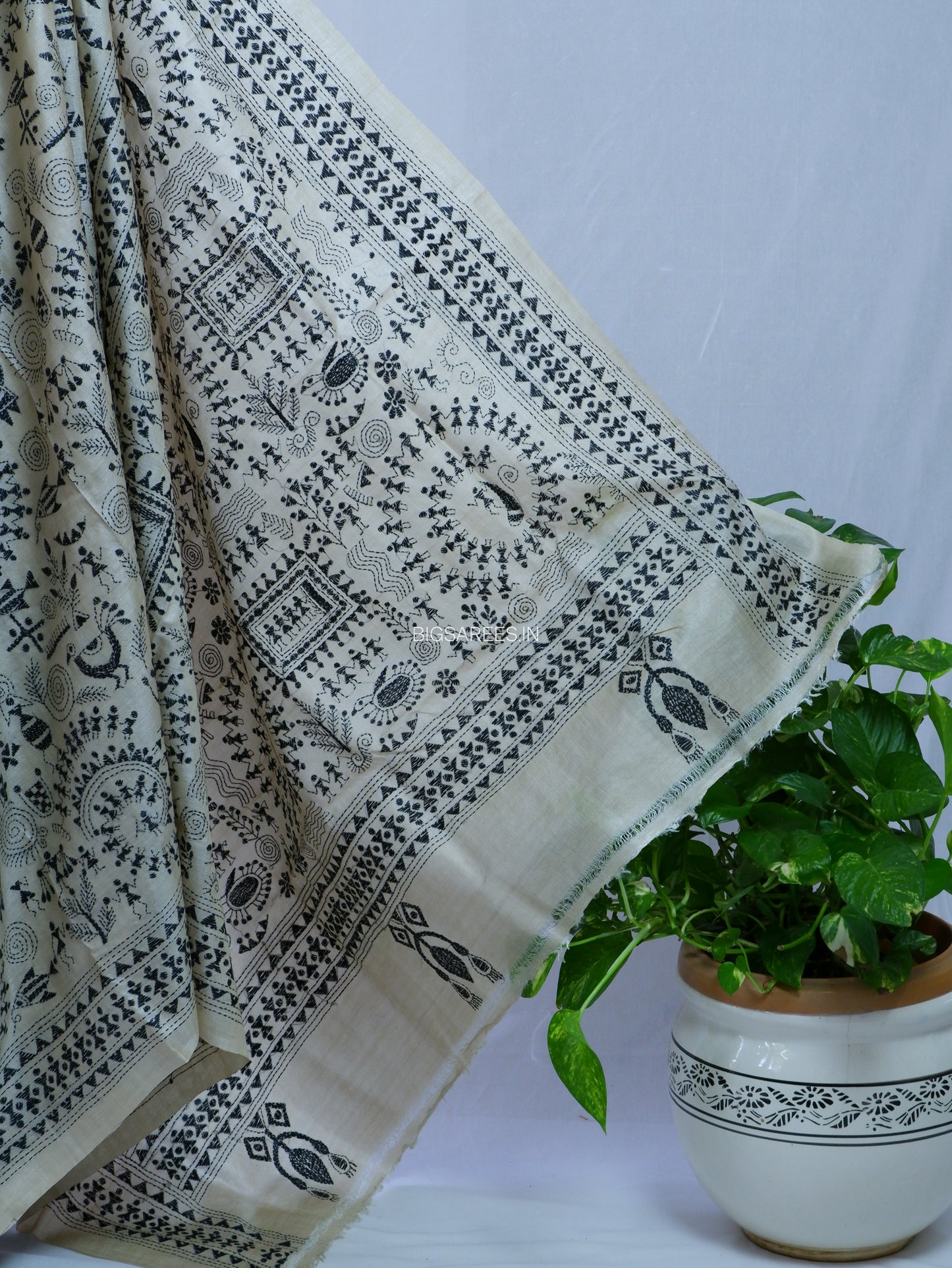 Kantha Stitch Hand Embroidered Saree | Pure Tussar Silk | Silk Mark Certified | Beige