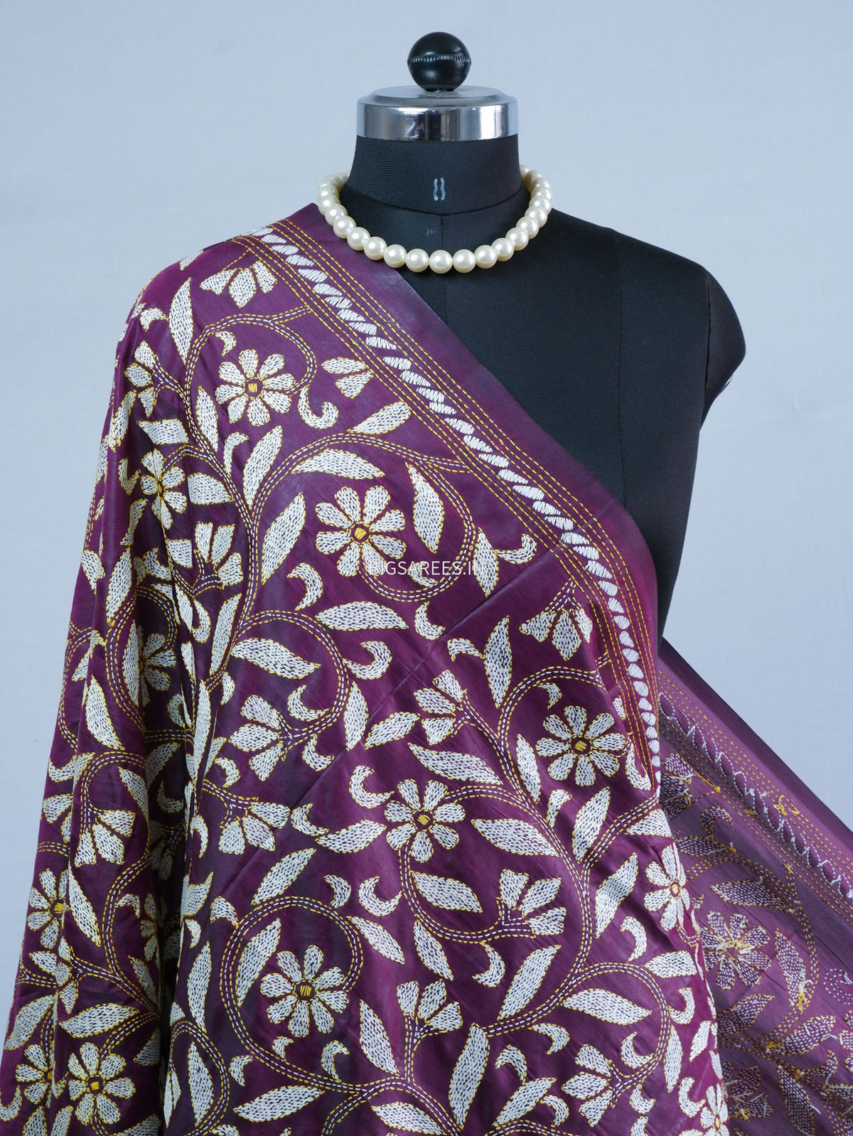 Kantha Hand-Embroidered Dupatta | Blended Bangalore Silk | Purple
