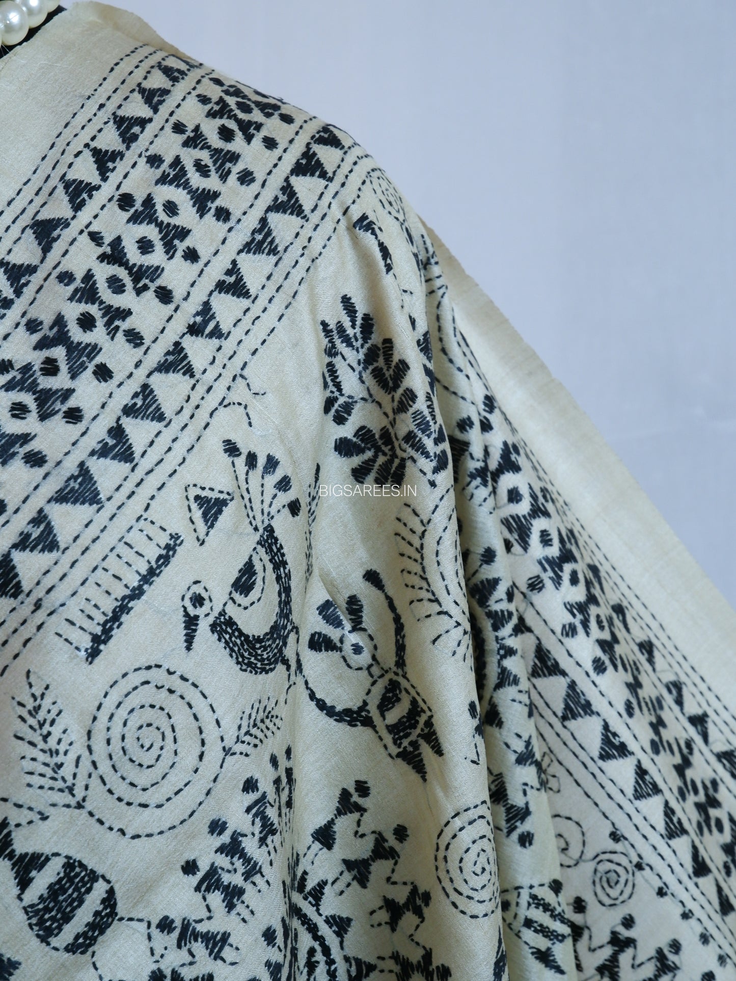 Kantha Stitch Hand Embroidered Saree | Pure Tussar Silk | Silk Mark Certified | Beige