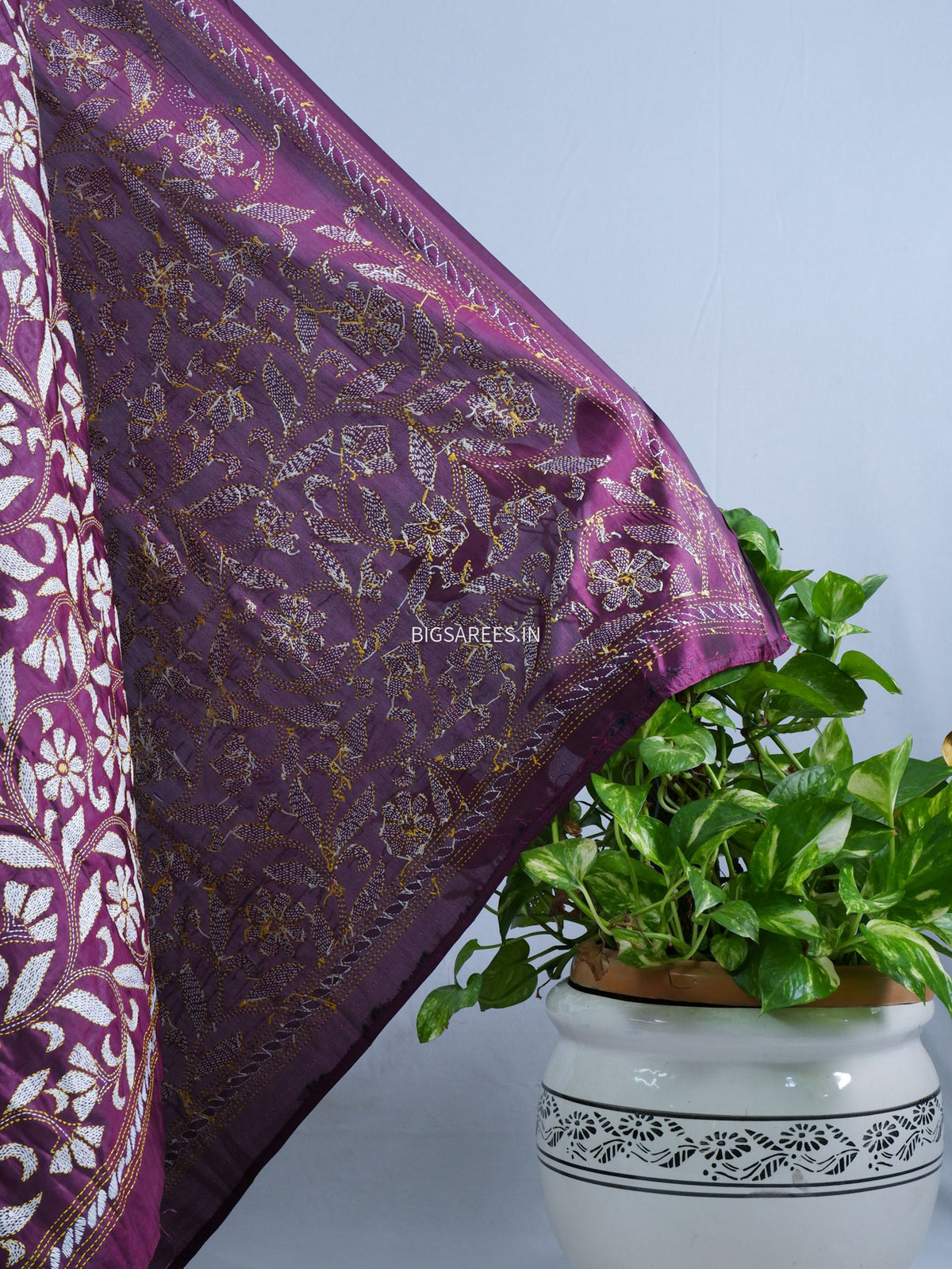 Kantha Hand-Embroidered Dupatta | Blended Bangalore Silk | Purple