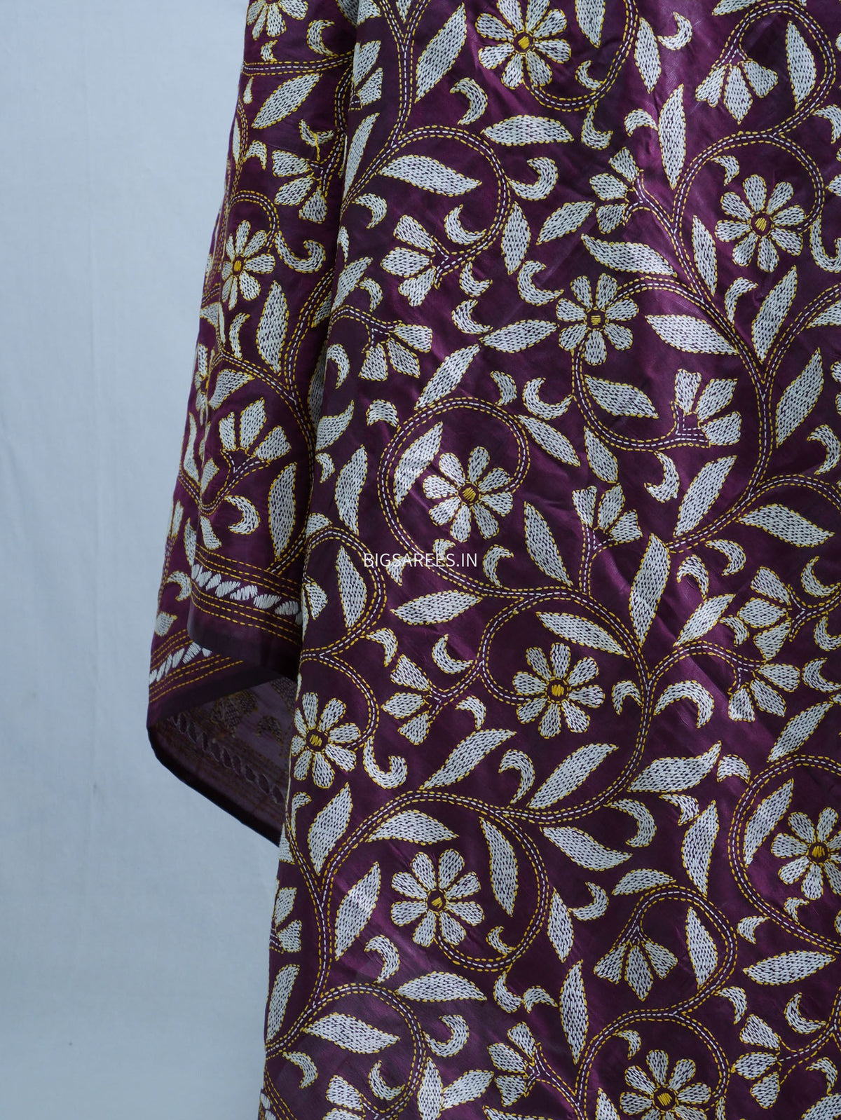 Kantha Hand-Embroidered Dupatta | Blended Bangalore Silk | Purple