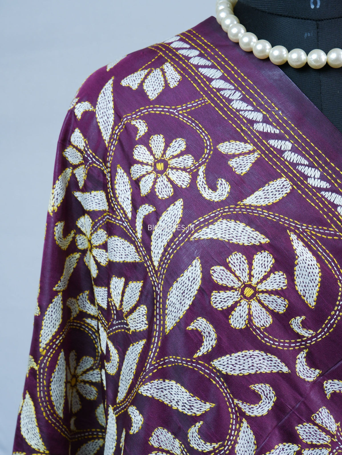 Kantha Hand-Embroidered Dupatta | Blended Bangalore Silk | Purple