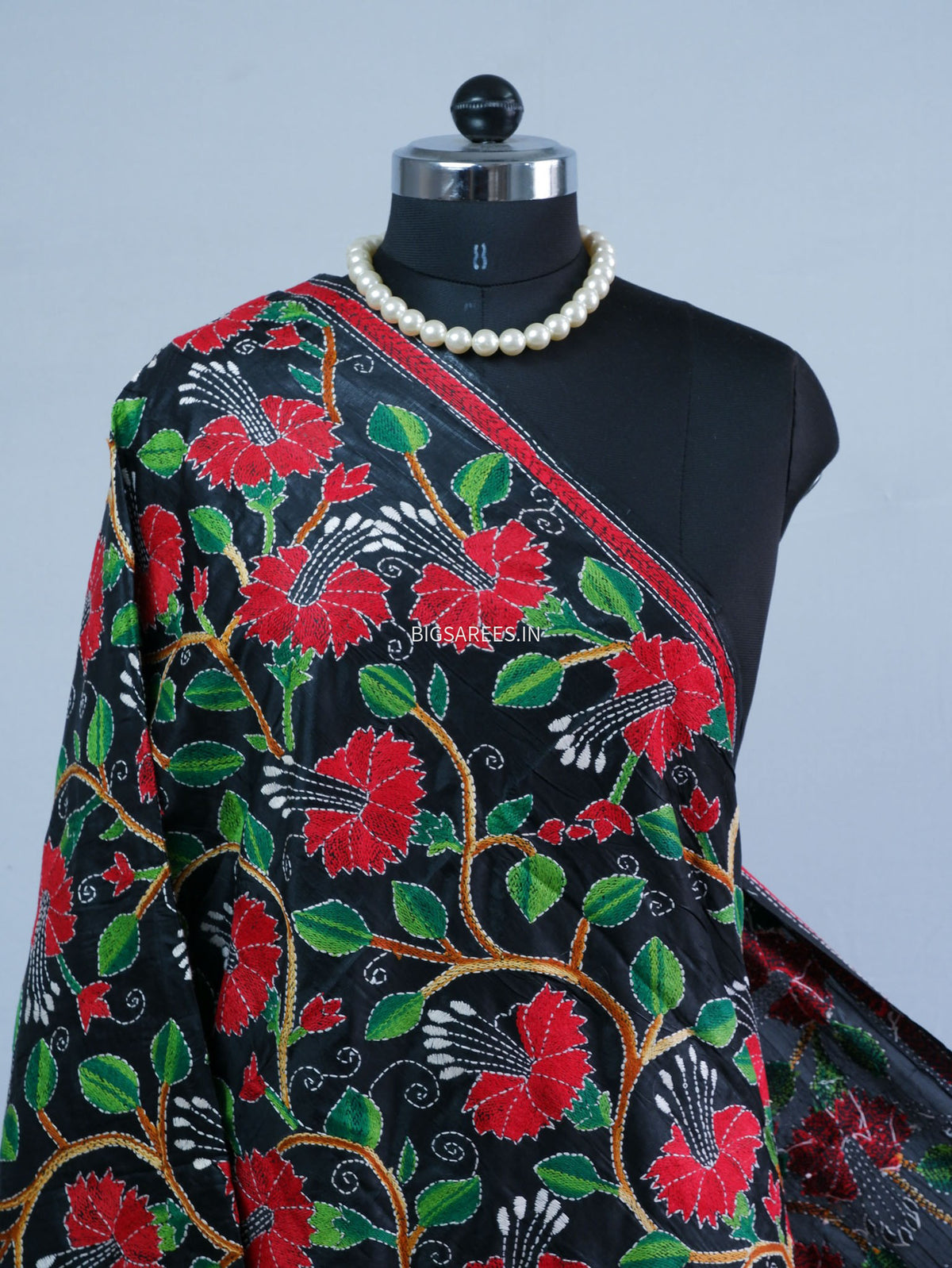 Kantha Hand-Embroidered Dupatta | Blended Bangalore Silk | Black
