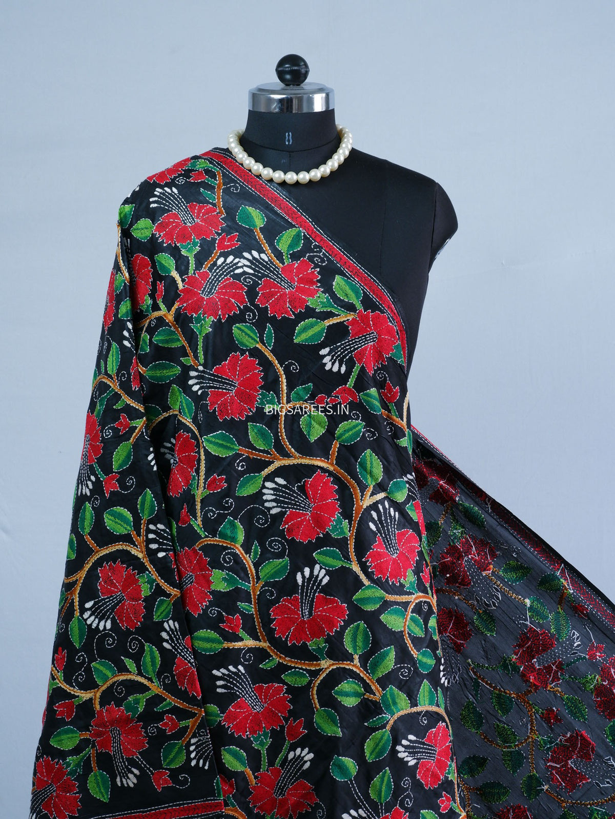 Kantha Hand-Embroidered Dupatta | Blended Bangalore Silk | Black