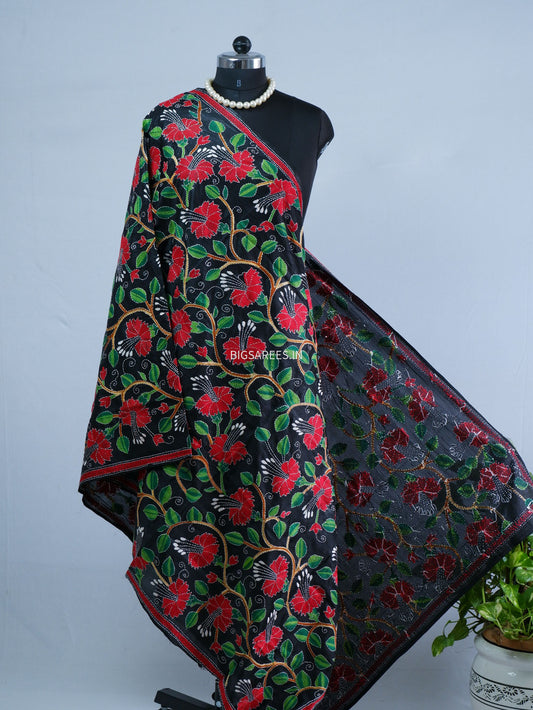 Kantha Hand-Embroidered Dupatta | Blended Bangalore Silk | Black