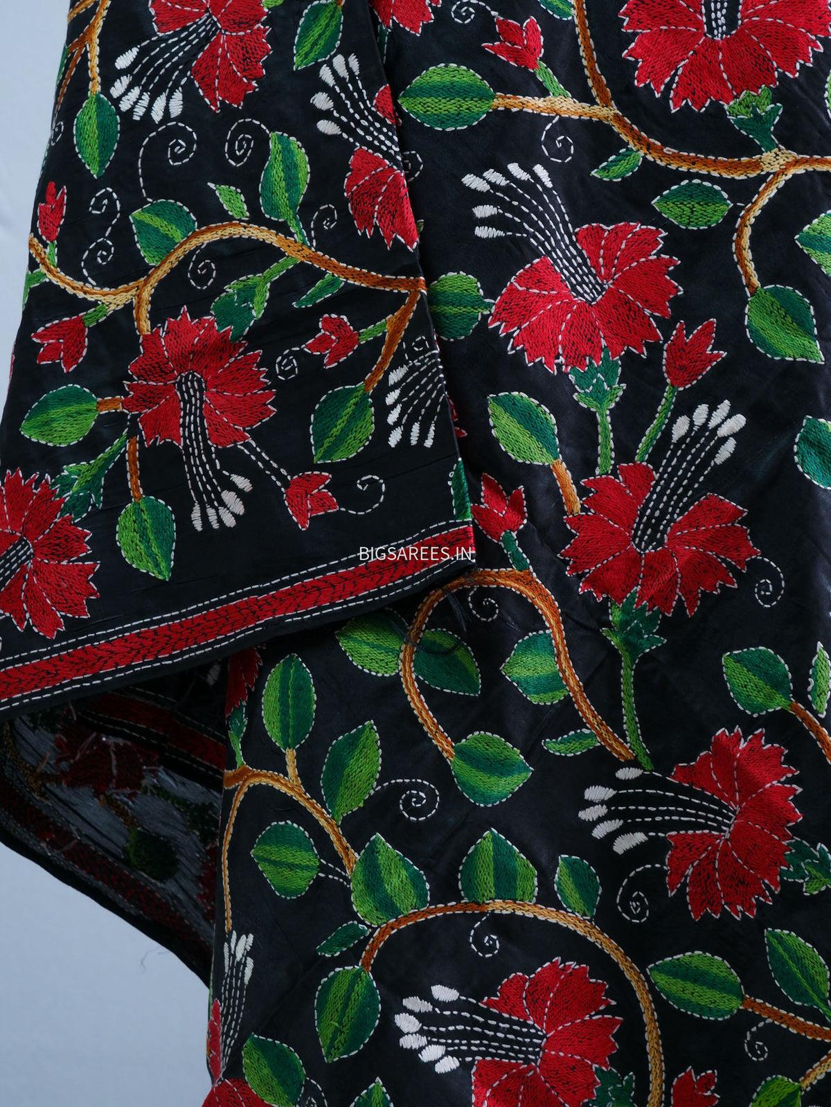 Kantha Hand-Embroidered Dupatta | Blended Bangalore Silk | Black