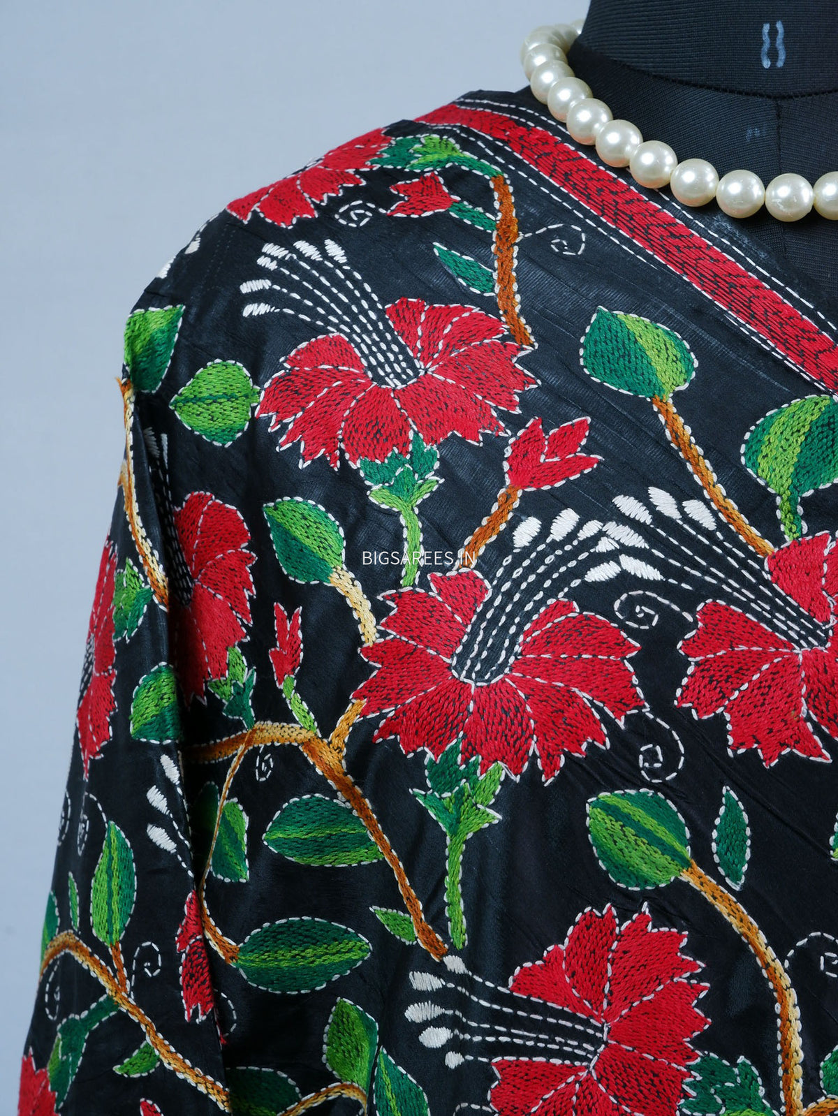 Kantha Hand-Embroidered Dupatta | Blended Bangalore Silk | Black