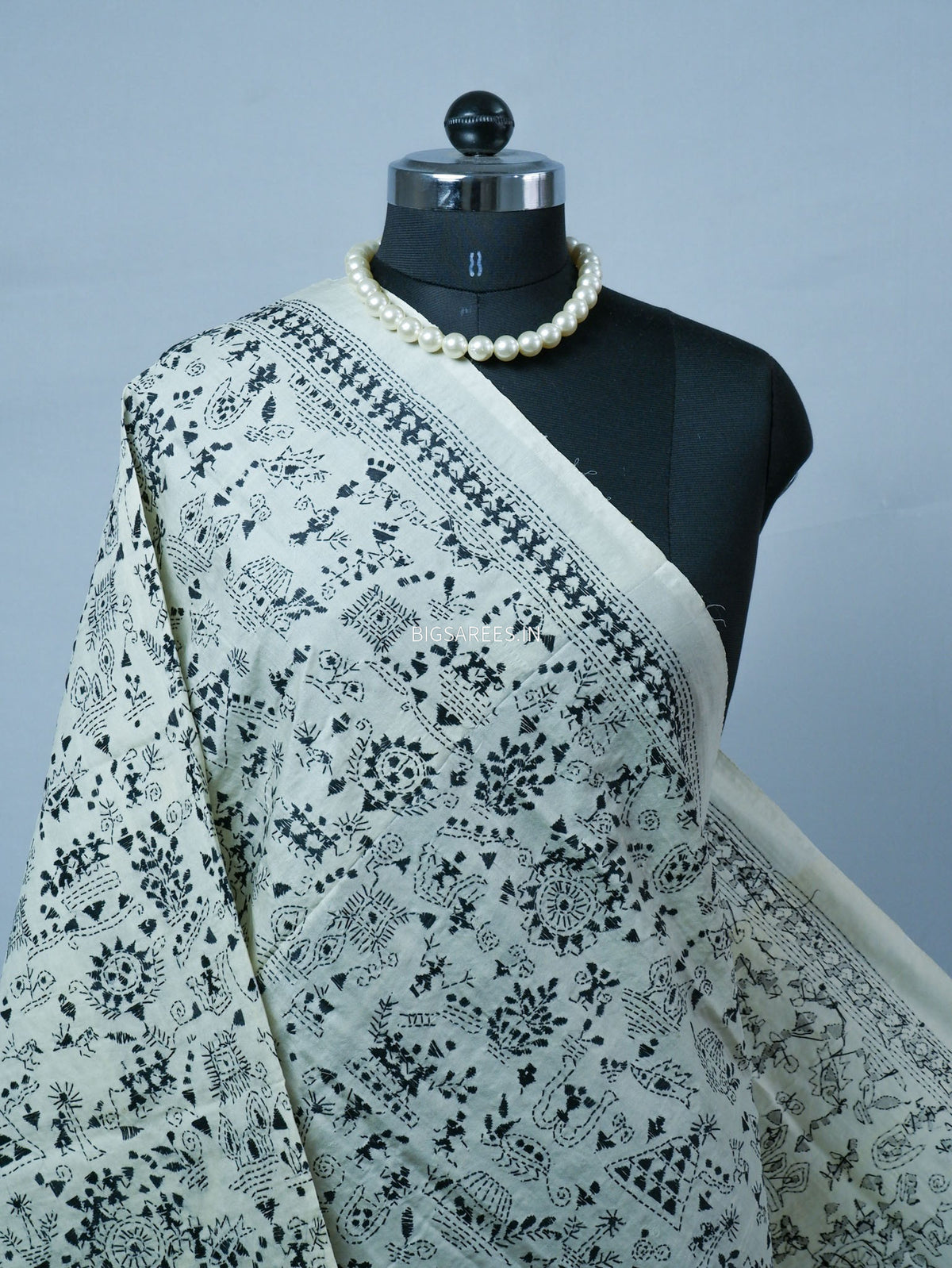 Kantha Hand-Embroidered Dupatta | Semi Tussar Silk | White
