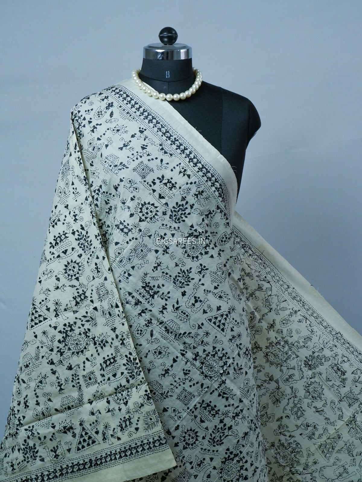 Kantha Hand-Embroidered Dupatta | Semi Tussar Silk | White