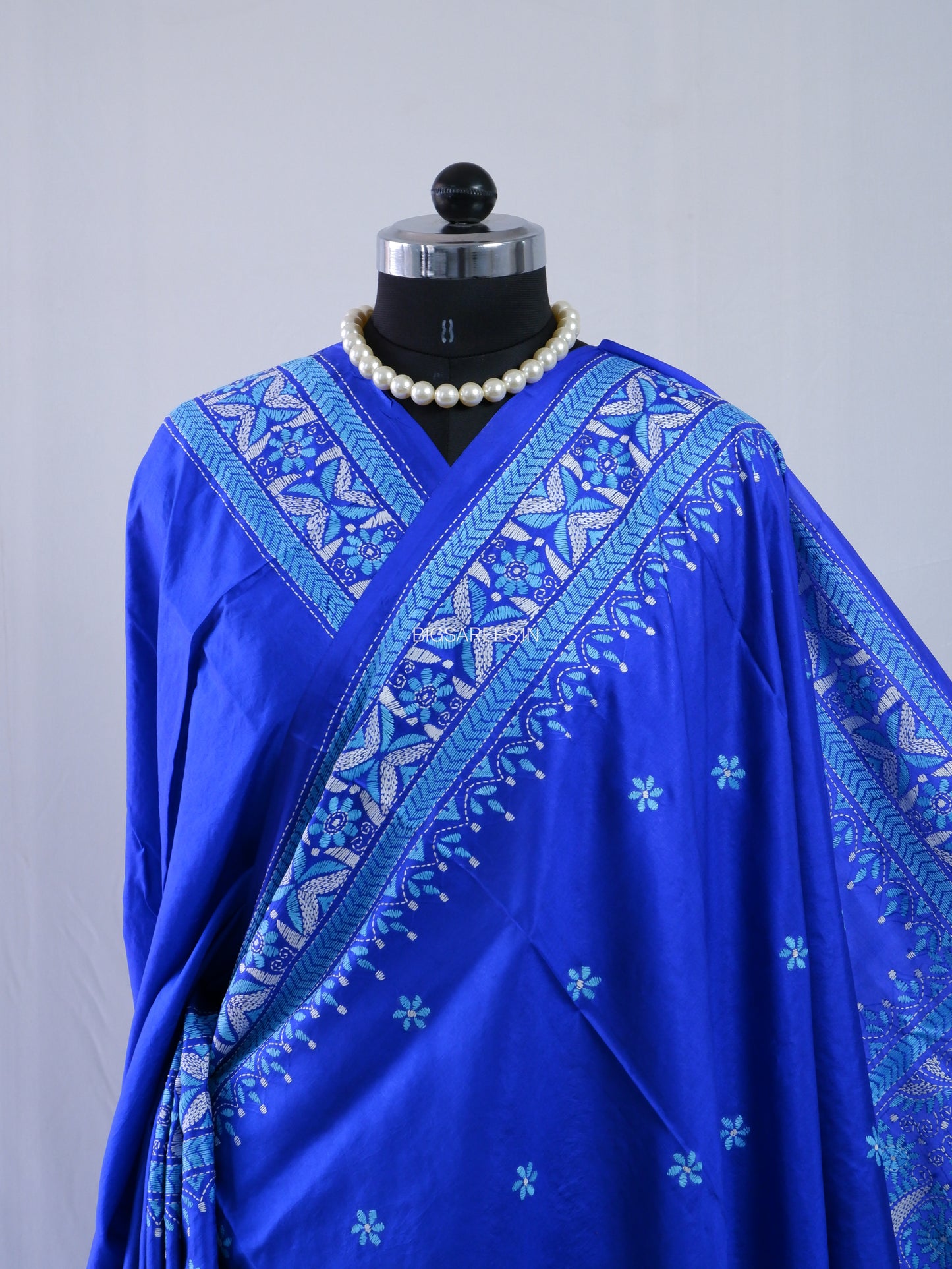 Kantha - Stitch Hand Embroidered Saree | Pure Bangalore Silk | Silk Mark Certified | Royal Blue