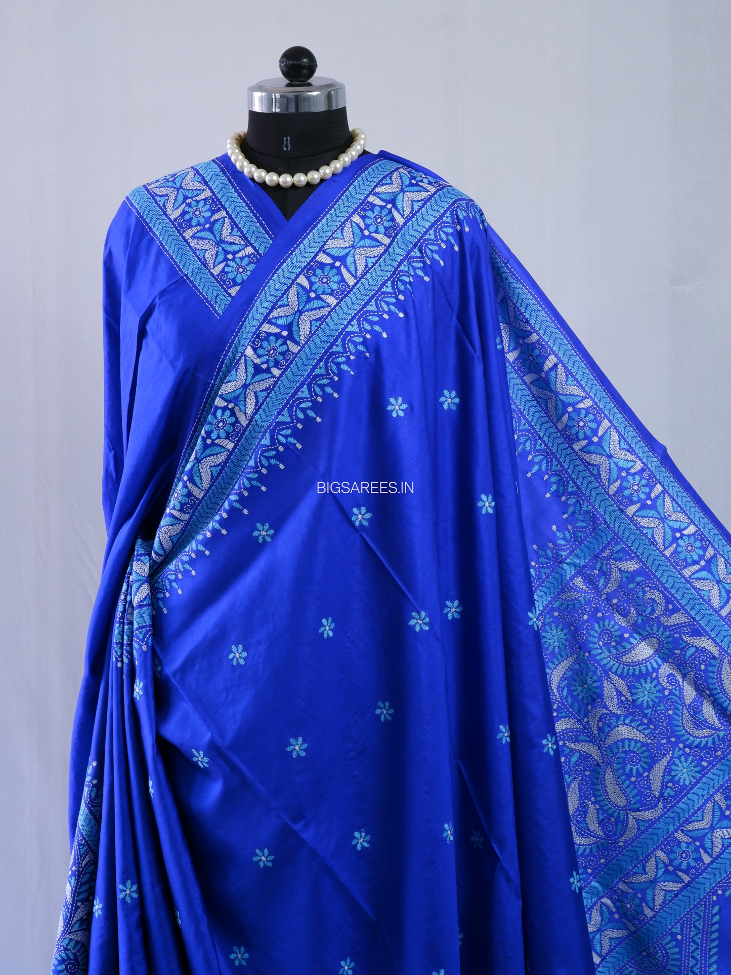Kantha - Stitch Hand Embroidered Saree | Pure Bangalore Silk | Silk Mark Certified | Royal Blue
