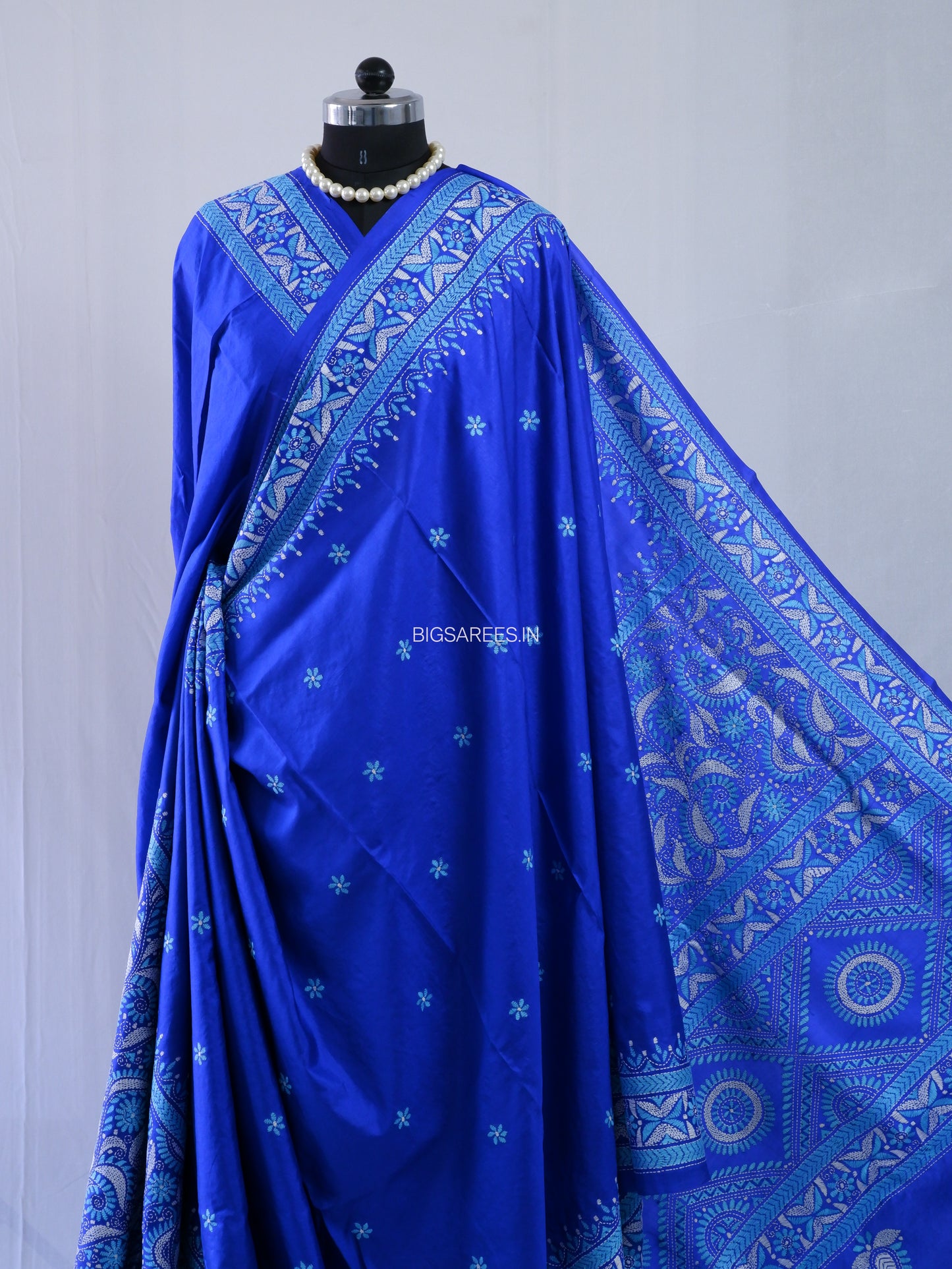 Kantha - Stitch Hand Embroidered Saree | Pure Bangalore Silk | Silk Mark Certified | Royal Blue