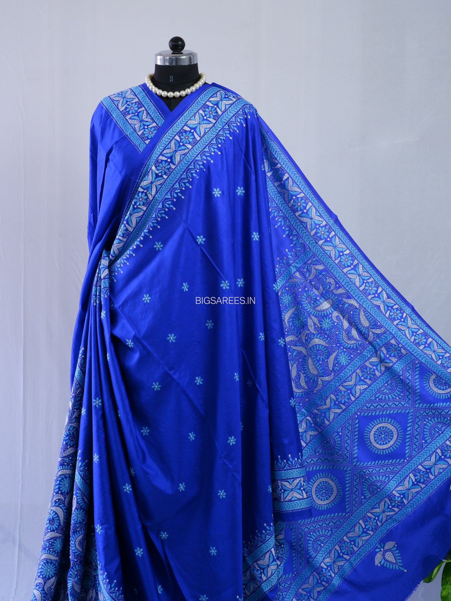 Kantha - Stitch Hand Embroidered Saree | Pure Bangalore Silk | Silk Mark Certified | Royal Blue