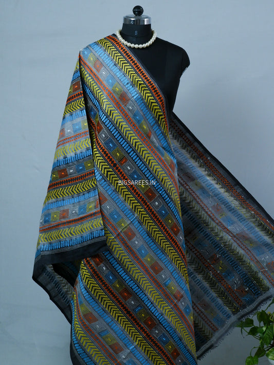 Kantha Hand-Embroidered Dupatta | Semi Tussar Silk | Tie N Dye
