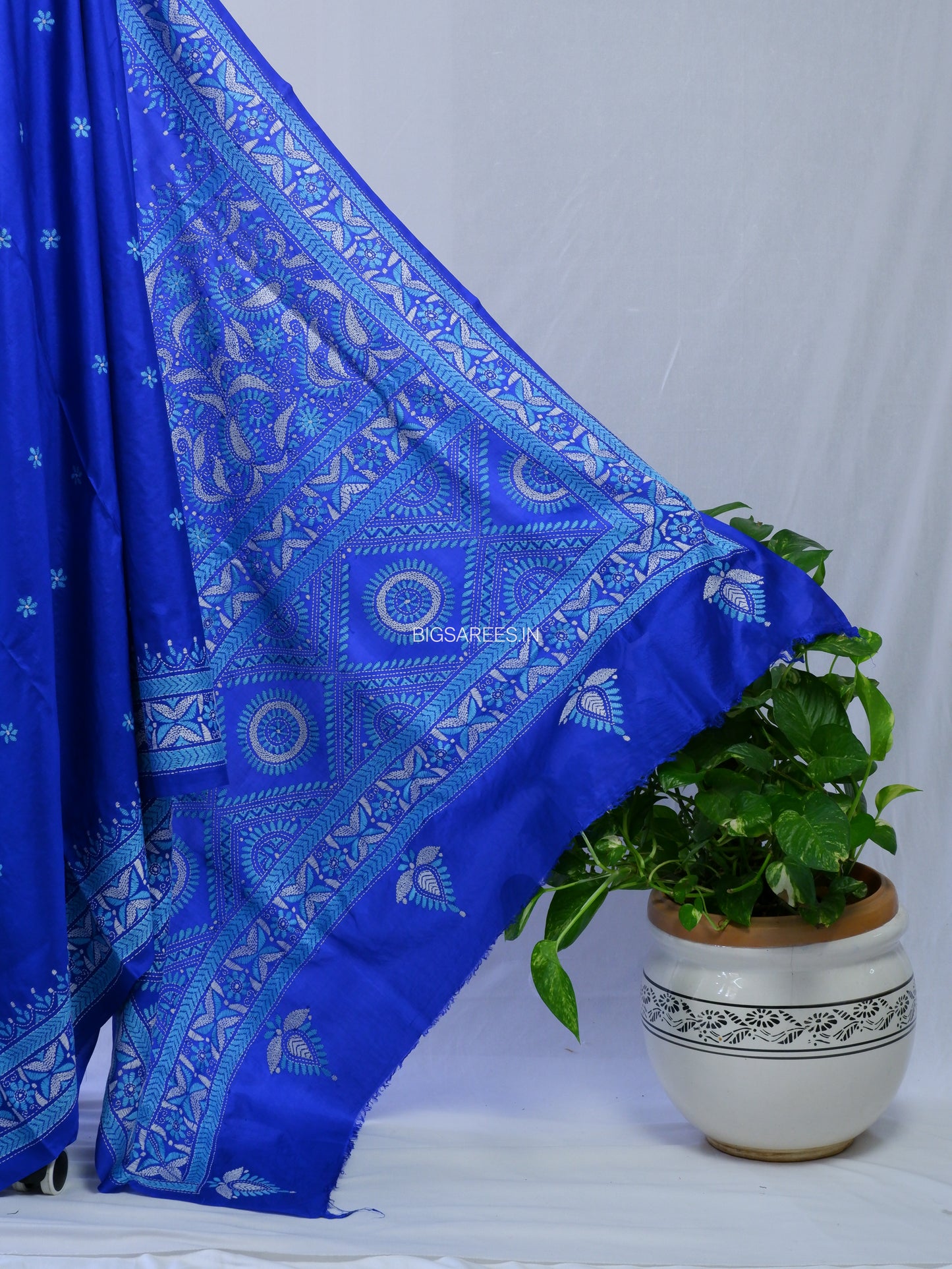 Kantha - Stitch Hand Embroidered Saree | Pure Bangalore Silk | Silk Mark Certified | Royal Blue