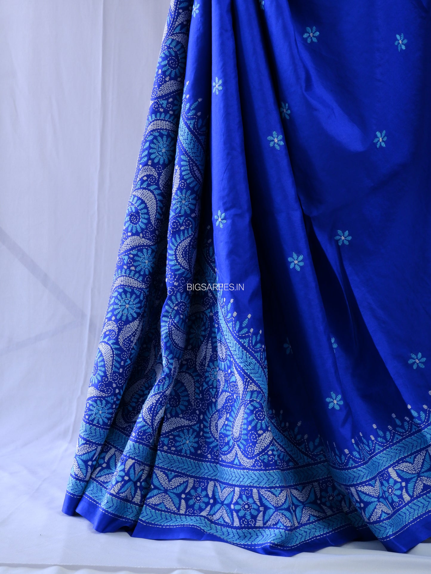 Kantha - Stitch Hand Embroidered Saree | Pure Bangalore Silk | Silk Mark Certified | Royal Blue