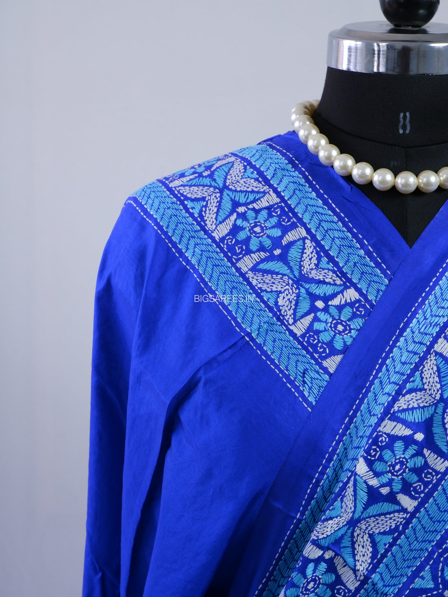 Kantha - Stitch Hand Embroidered Saree | Pure Bangalore Silk | Silk Mark Certified | Royal Blue