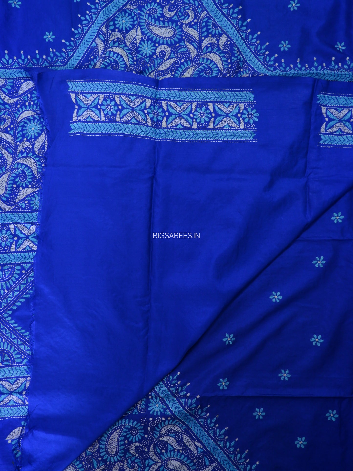 Kantha - Stitch Hand Embroidered Saree | Pure Bangalore Silk | Silk Mark Certified | Royal Blue