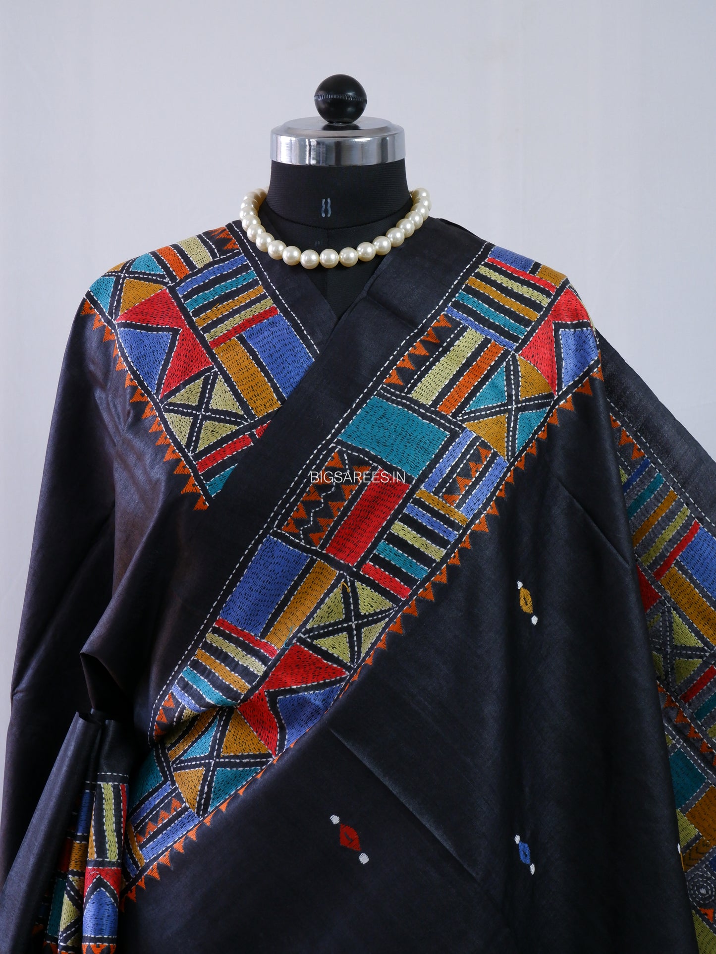 Kantha Stitch Hand Embroidered Saree | Pure Tussar Silk | Silk Mark Certified | Black