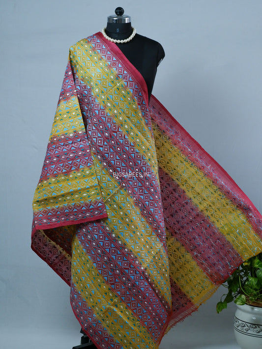 Kantha Hand-Embroidered Dupatta | Semi Tussar Silk | Tie N Dye