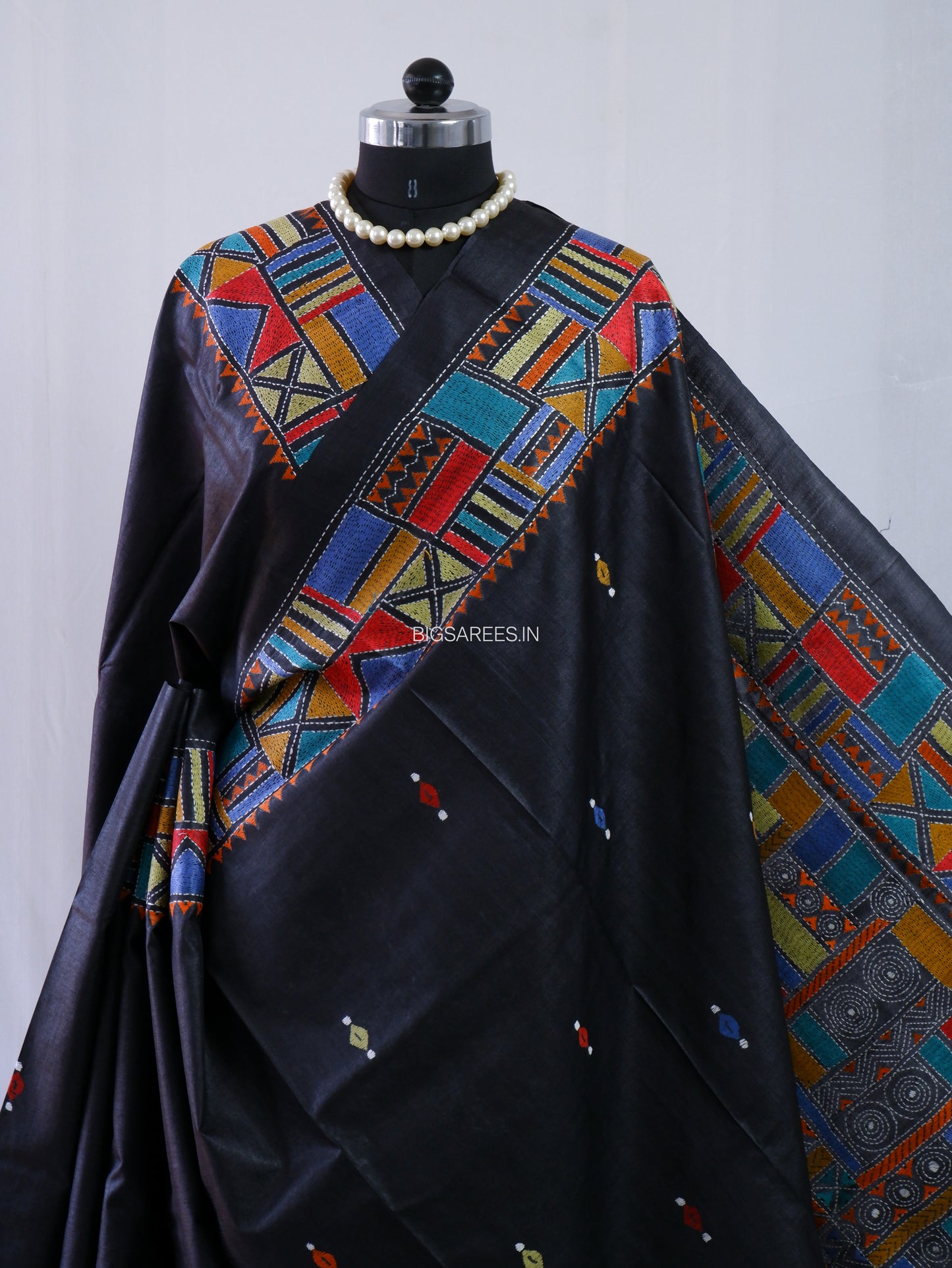 Kantha Stitch Hand Embroidered Saree | Pure Tussar Silk | Silk Mark Certified | Black