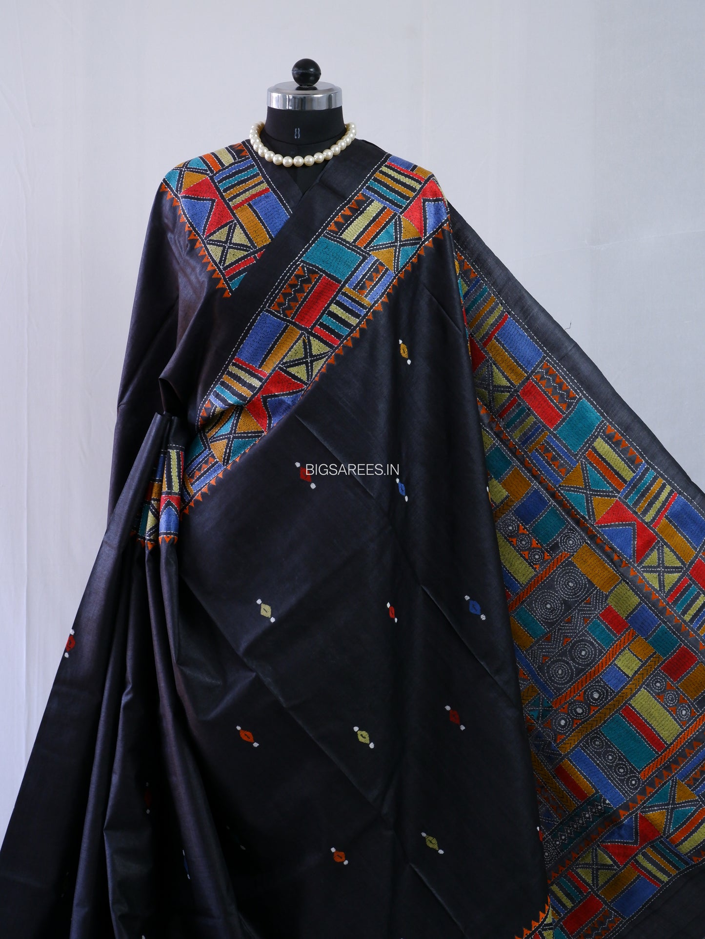 Kantha Stitch Hand Embroidered Saree | Pure Tussar Silk | Silk Mark Certified | Black