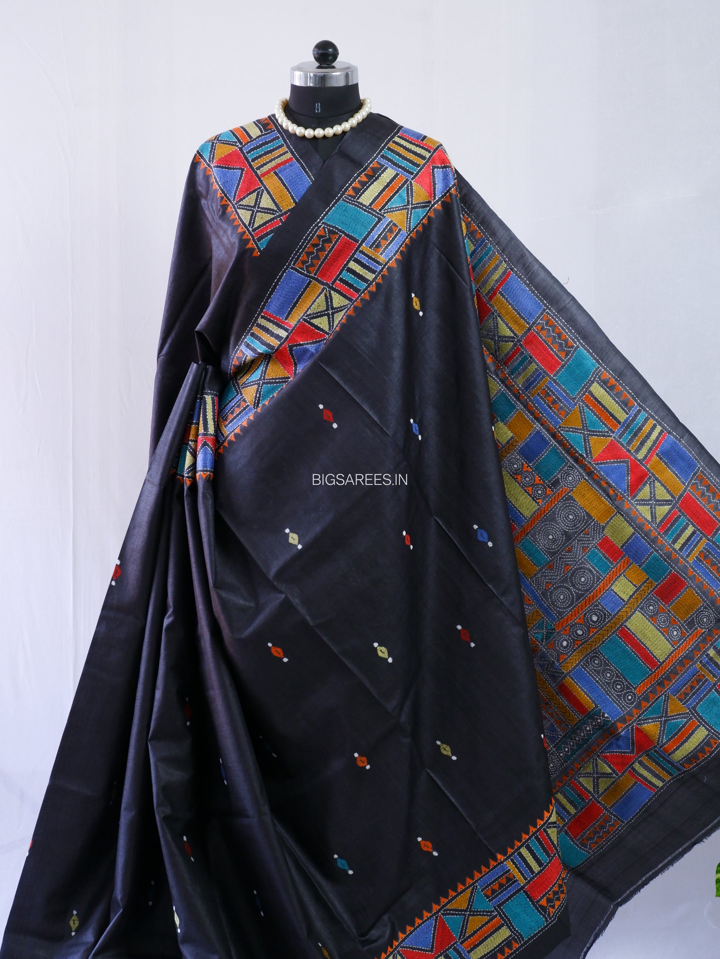 Kantha Stitch Hand Embroidered Saree | Pure Tussar Silk | Silk Mark Certified | Black