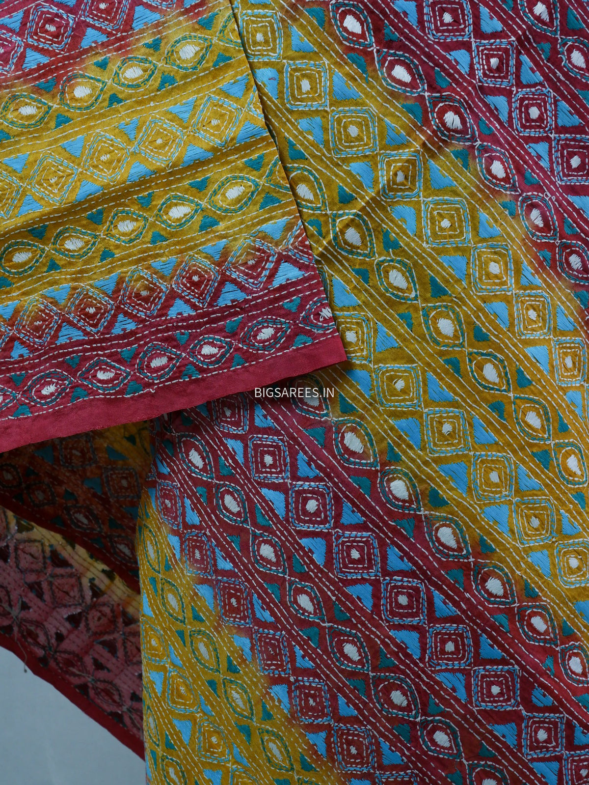 Kantha Hand-Embroidered Dupatta | Semi Tussar Silk | Tie N Dye
