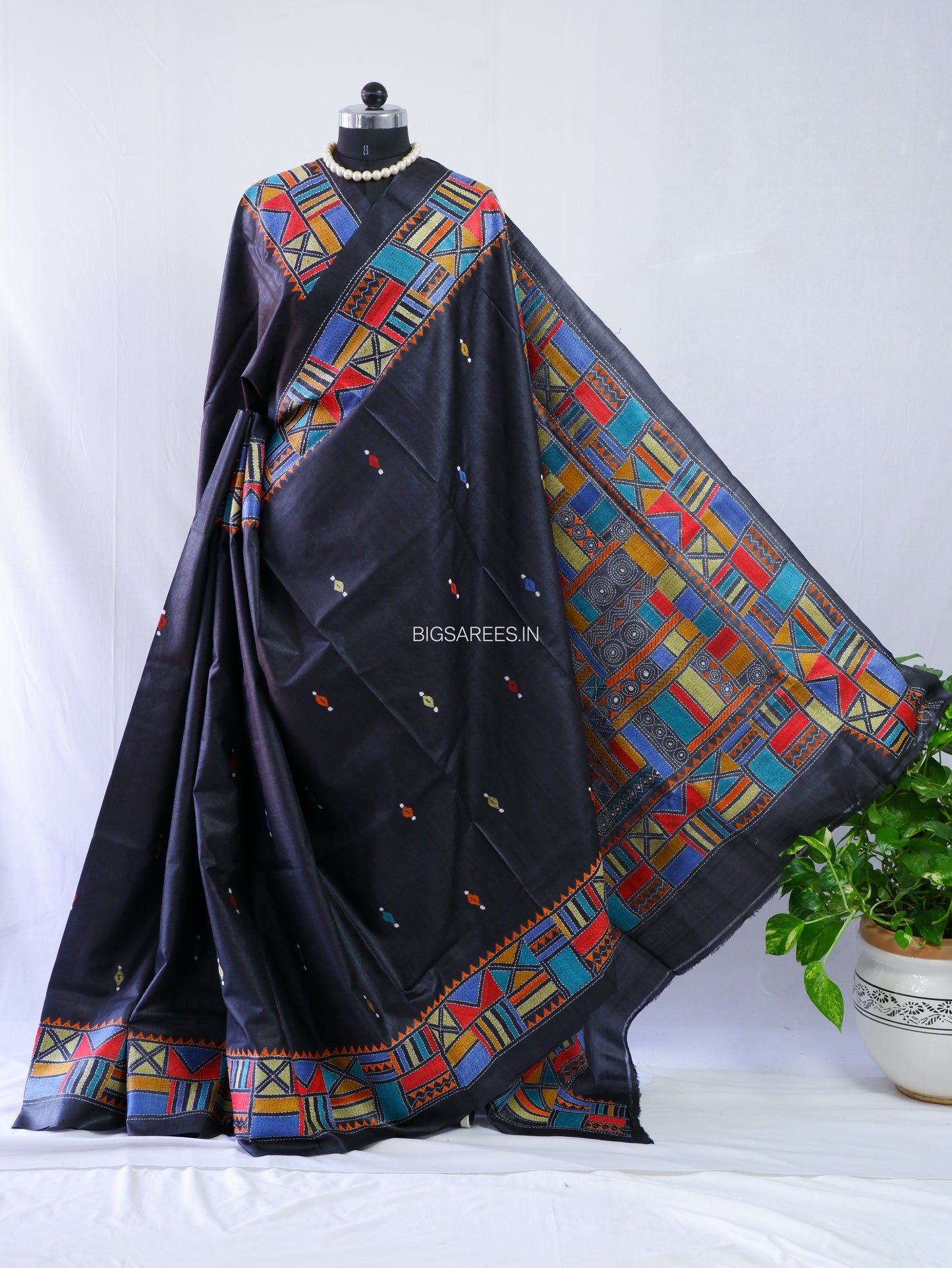 Kantha Stitch Hand Embroidered Saree | Pure Tussar Silk | Silk Mark Certified | Black