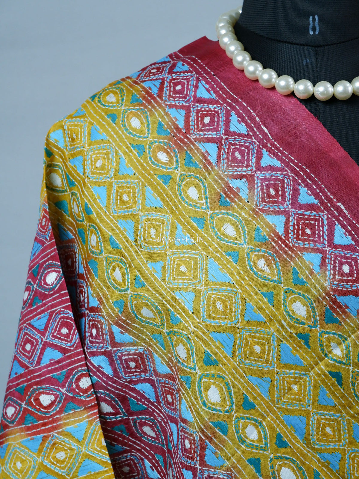Kantha Hand-Embroidered Dupatta | Semi Tussar Silk | Tie N Dye