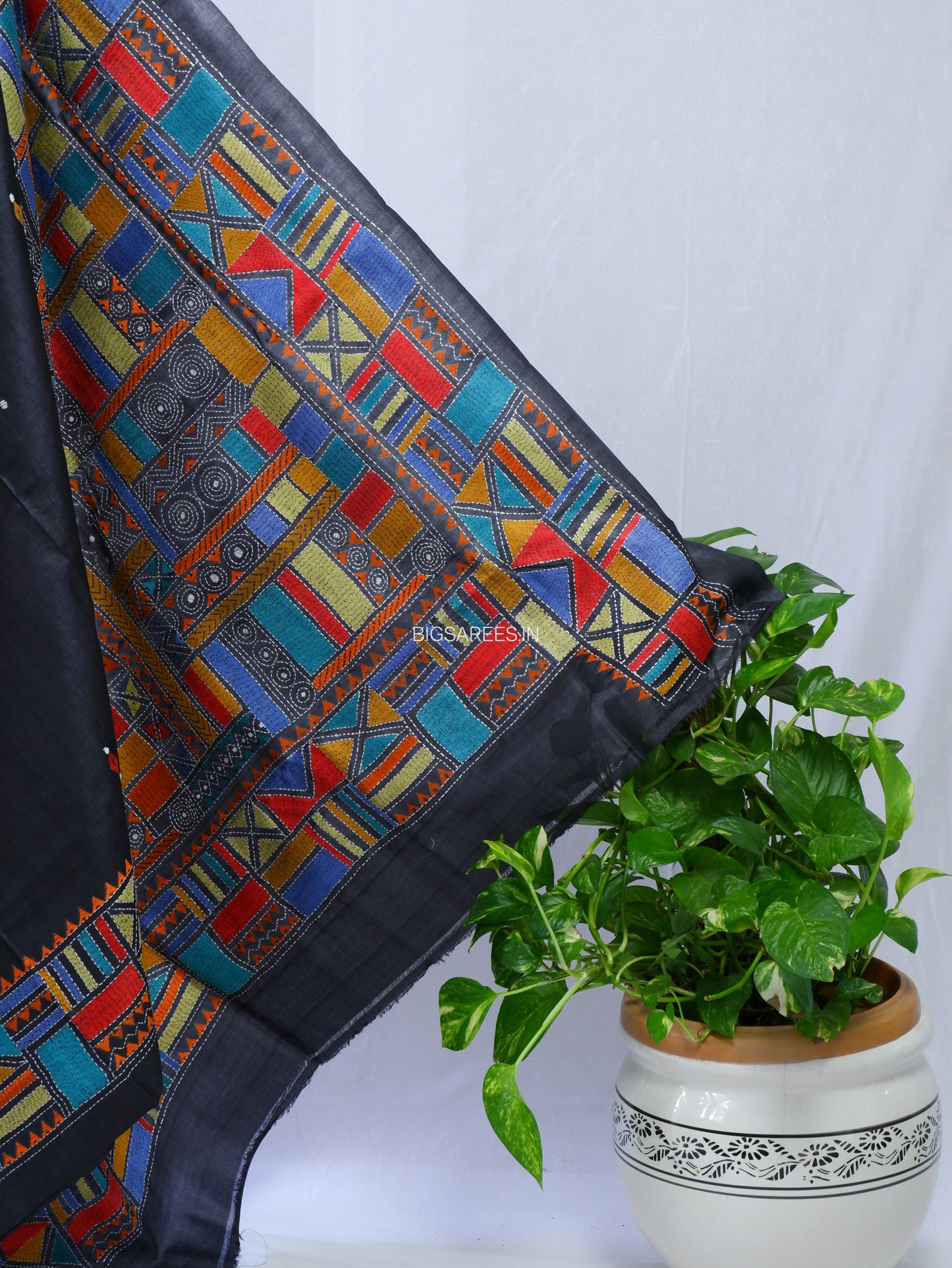 Kantha Stitch Hand Embroidered Saree | Pure Tussar Silk | Silk Mark Certified | Black