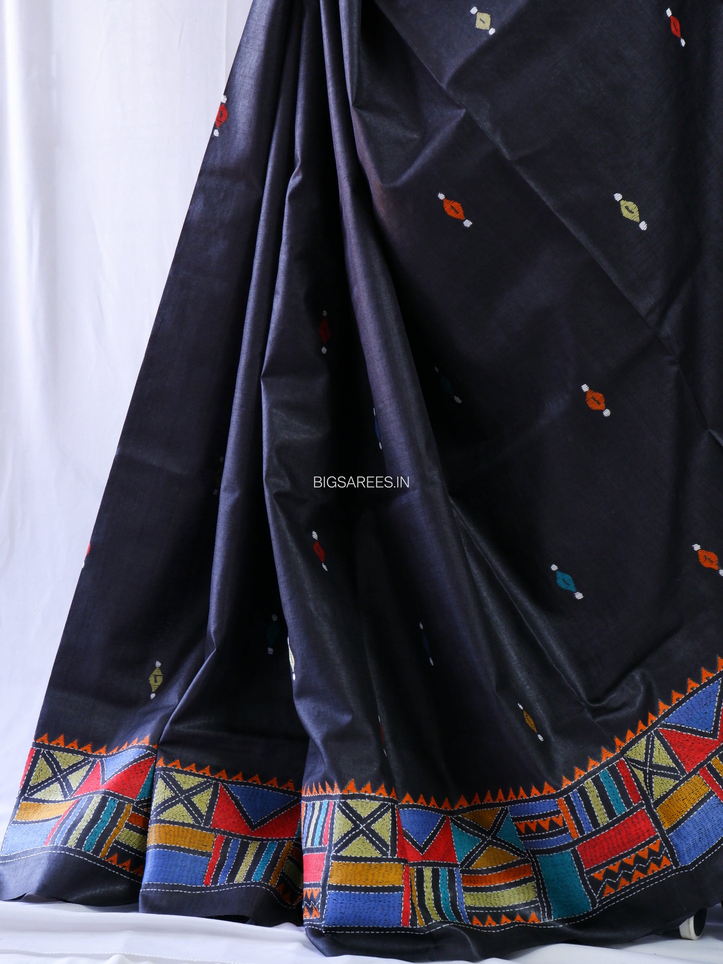 Kantha Stitch Hand Embroidered Saree | Pure Tussar Silk | Silk Mark Certified | Black