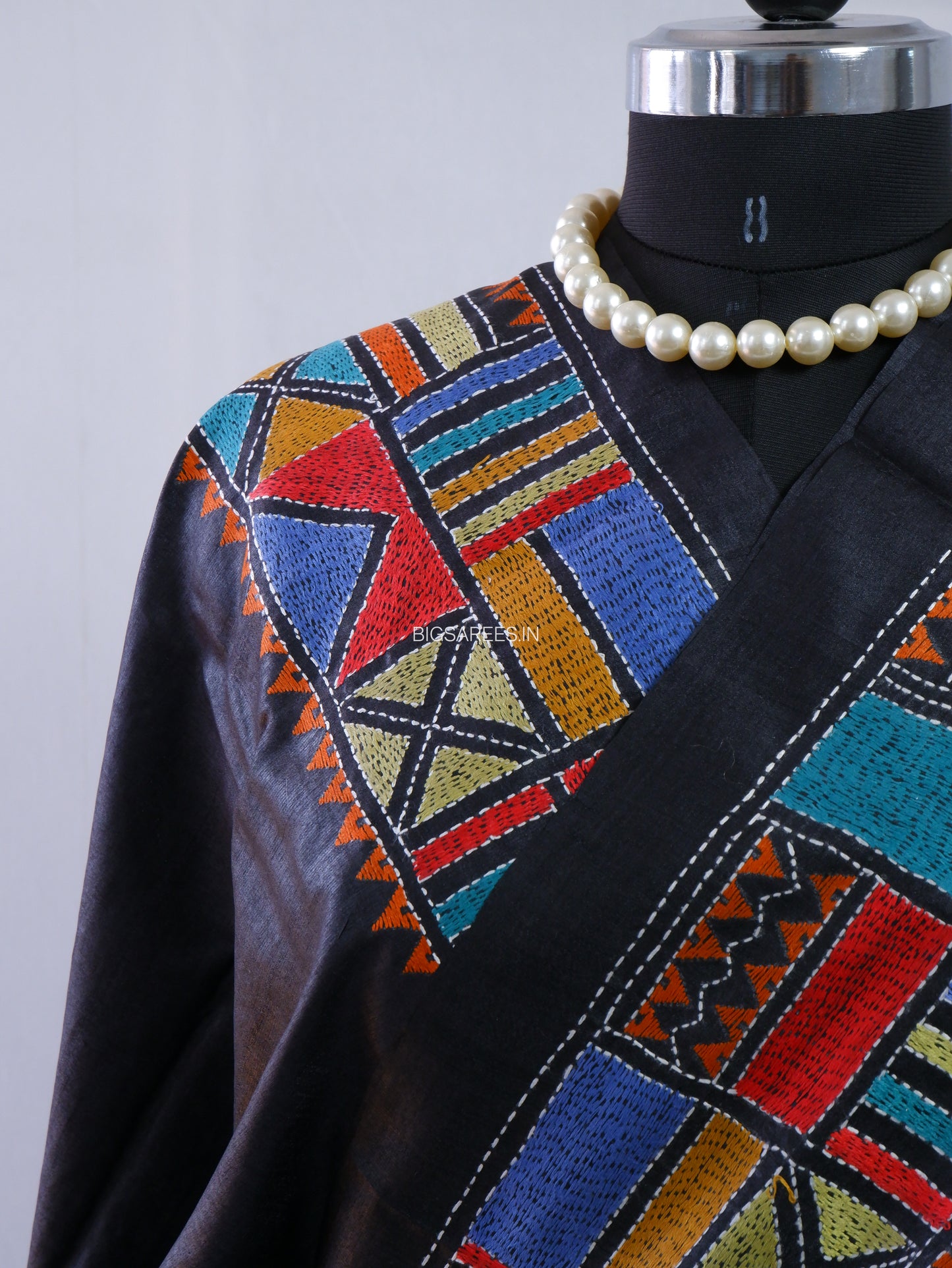 Kantha Stitch Hand Embroidered Saree | Pure Tussar Silk | Silk Mark Certified | Black