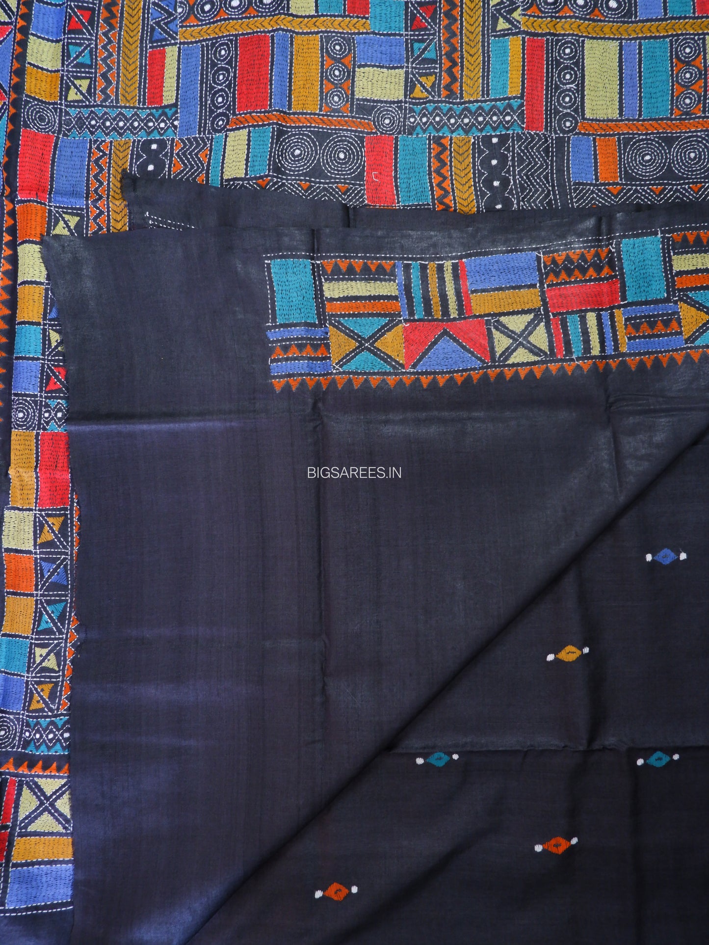 Kantha Stitch Hand Embroidered Saree | Pure Tussar Silk | Silk Mark Certified | Black