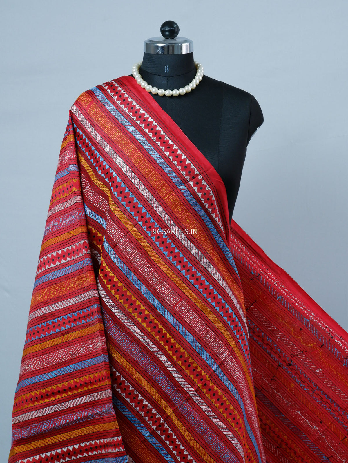 Kantha Hand-Embroidered Dupatta | Semi Tussar Silk | Red