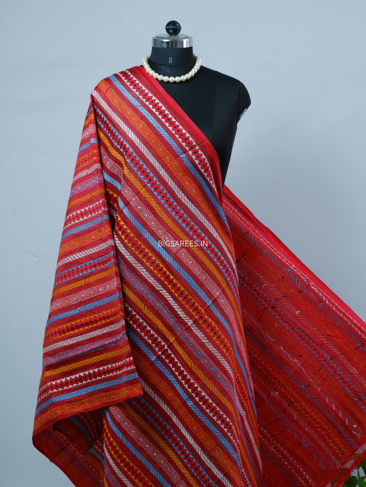 Kantha Hand-Embroidered Dupatta | Semi Tussar Silk | Red