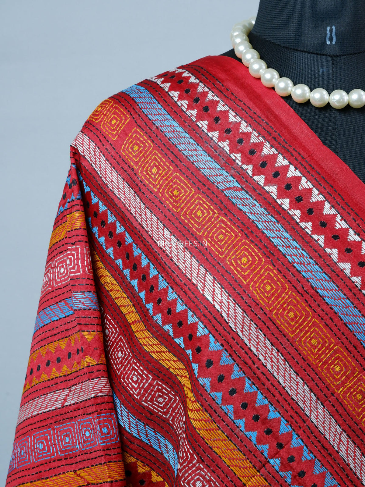 Kantha Hand-Embroidered Dupatta | Semi Tussar Silk | Red