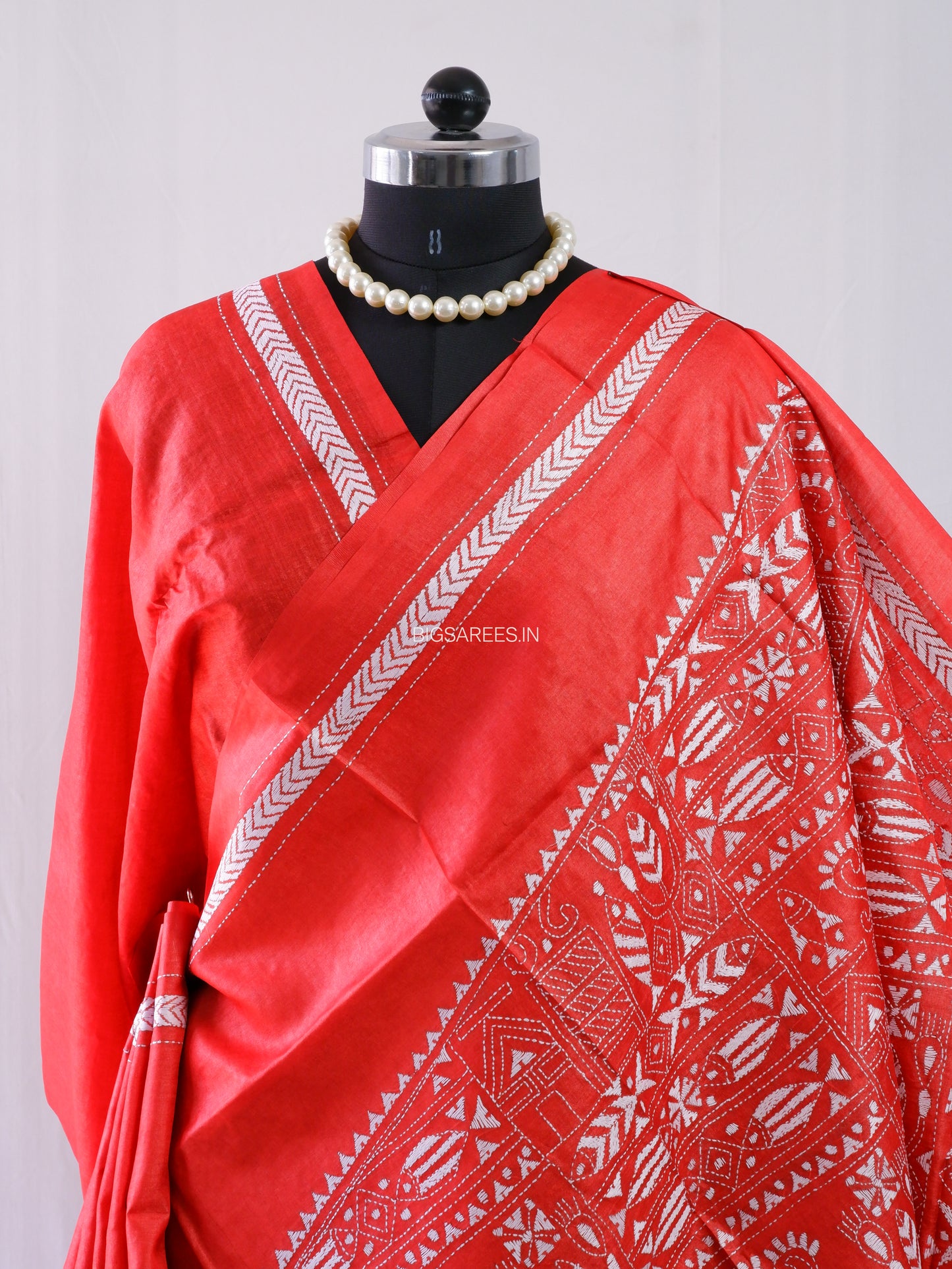 Kantha Stitch Hand Embroidered Saree | Pure Tussar Silk | Silk Mark Certified | Red